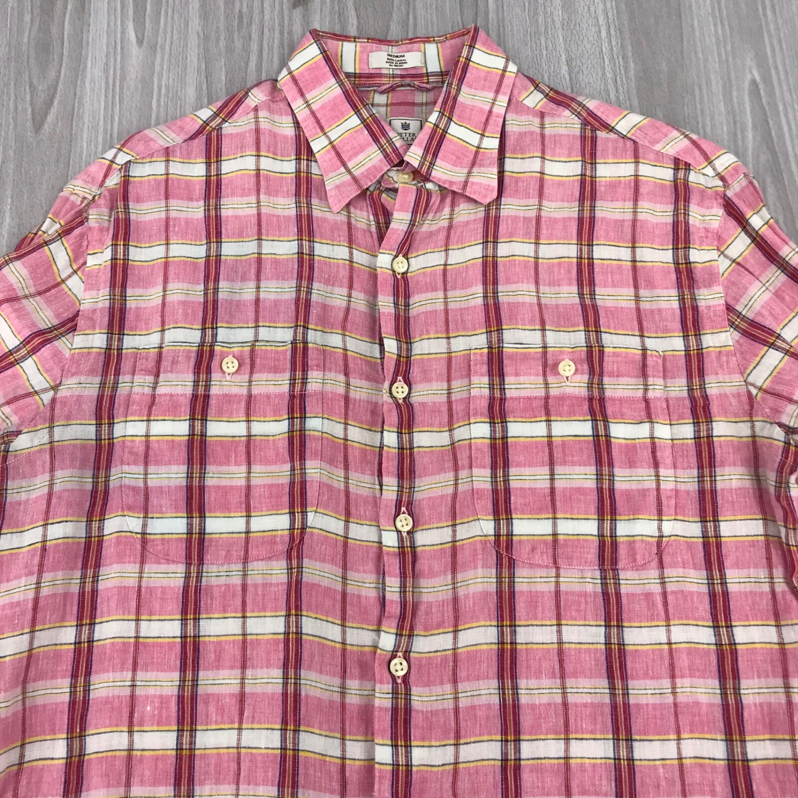 Peter Millar Men’s Medium 100% Linen Plaid Button Front Long Sleeve Shirt