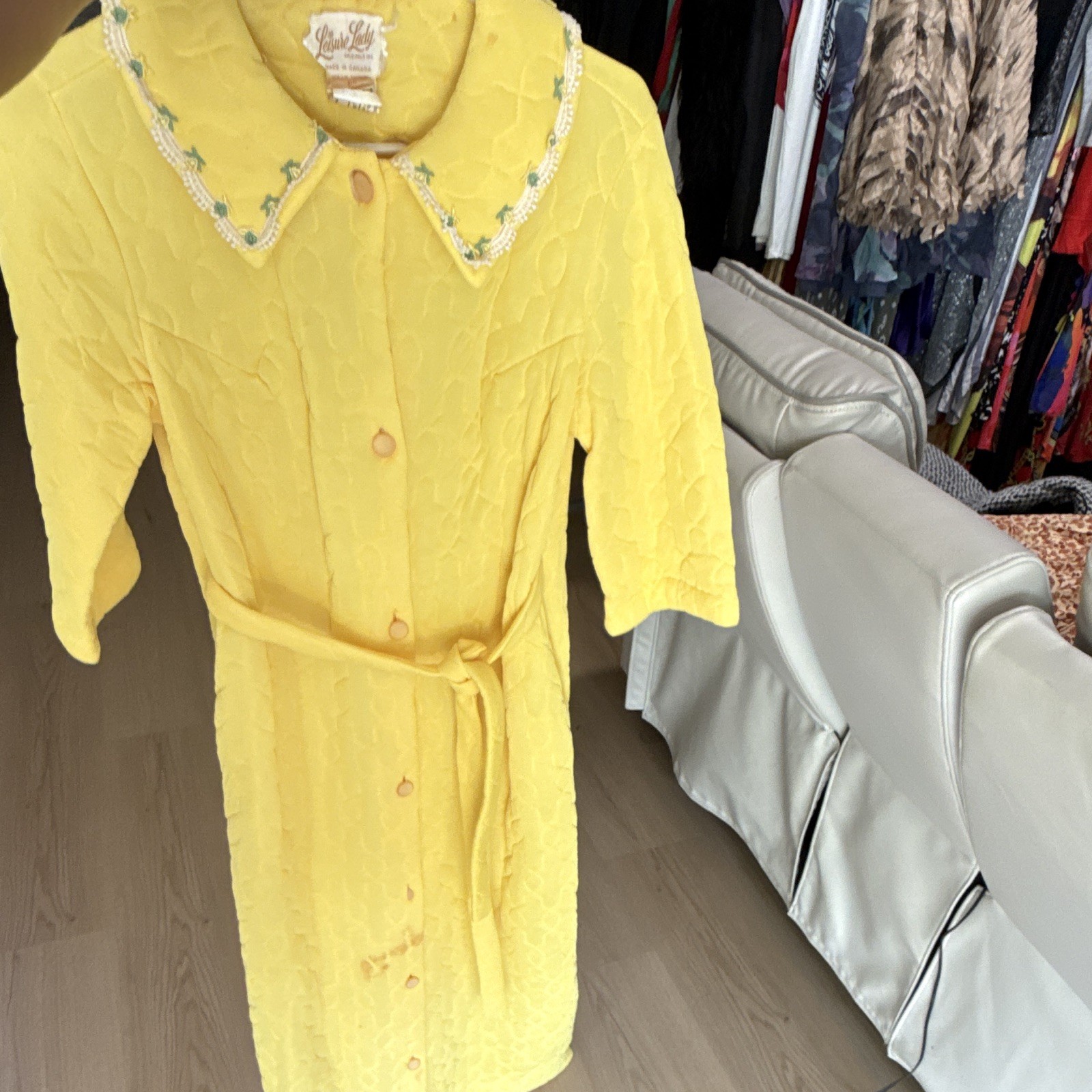 Leisure Lady Women’s Robe S Yellow Quilted Button-Front Belted 3/4 Sleeve