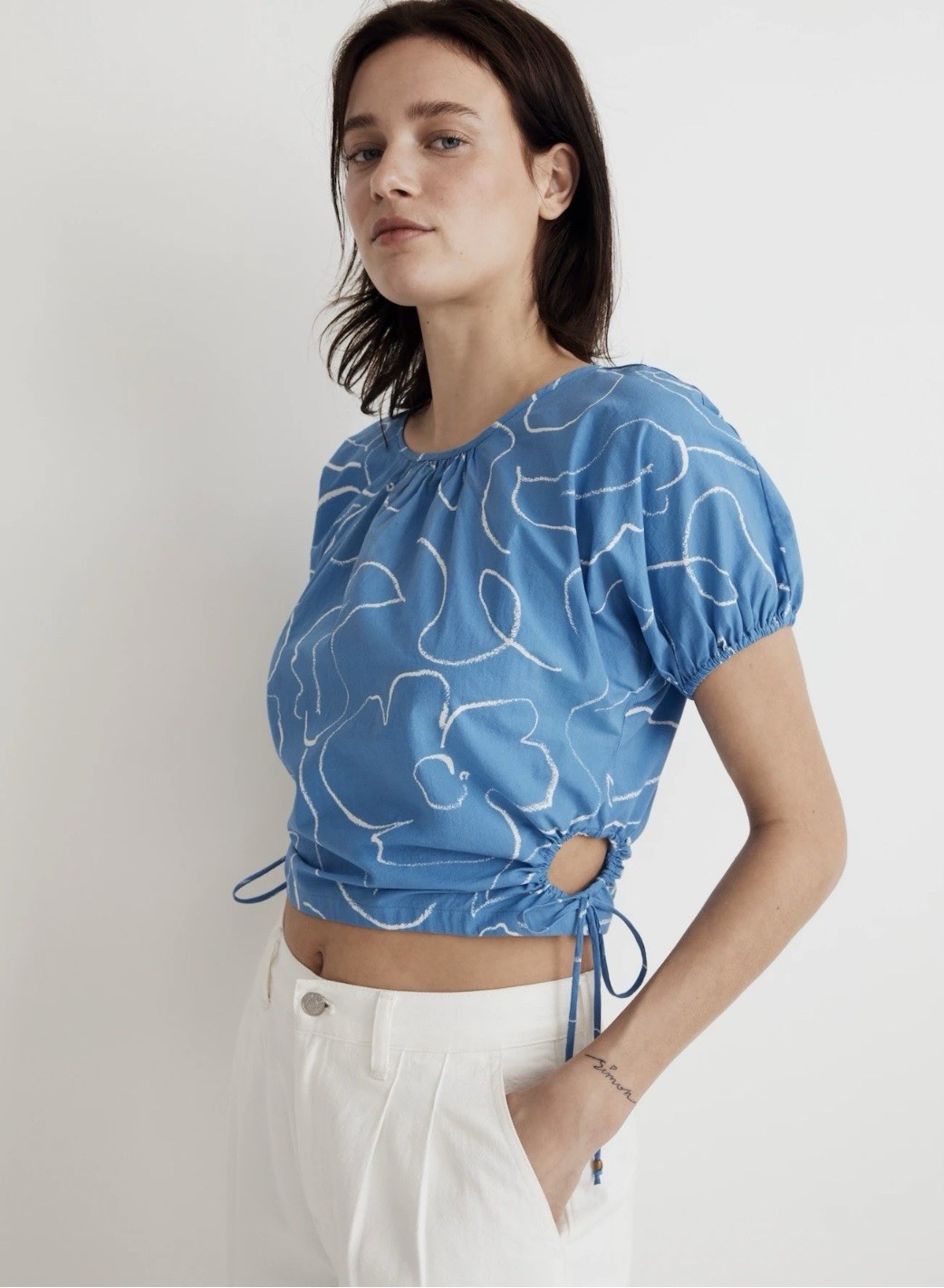 NWT Madewell XS Embroidered Poplin Puff-Sleeve Cutout Crop Top Blue Floral