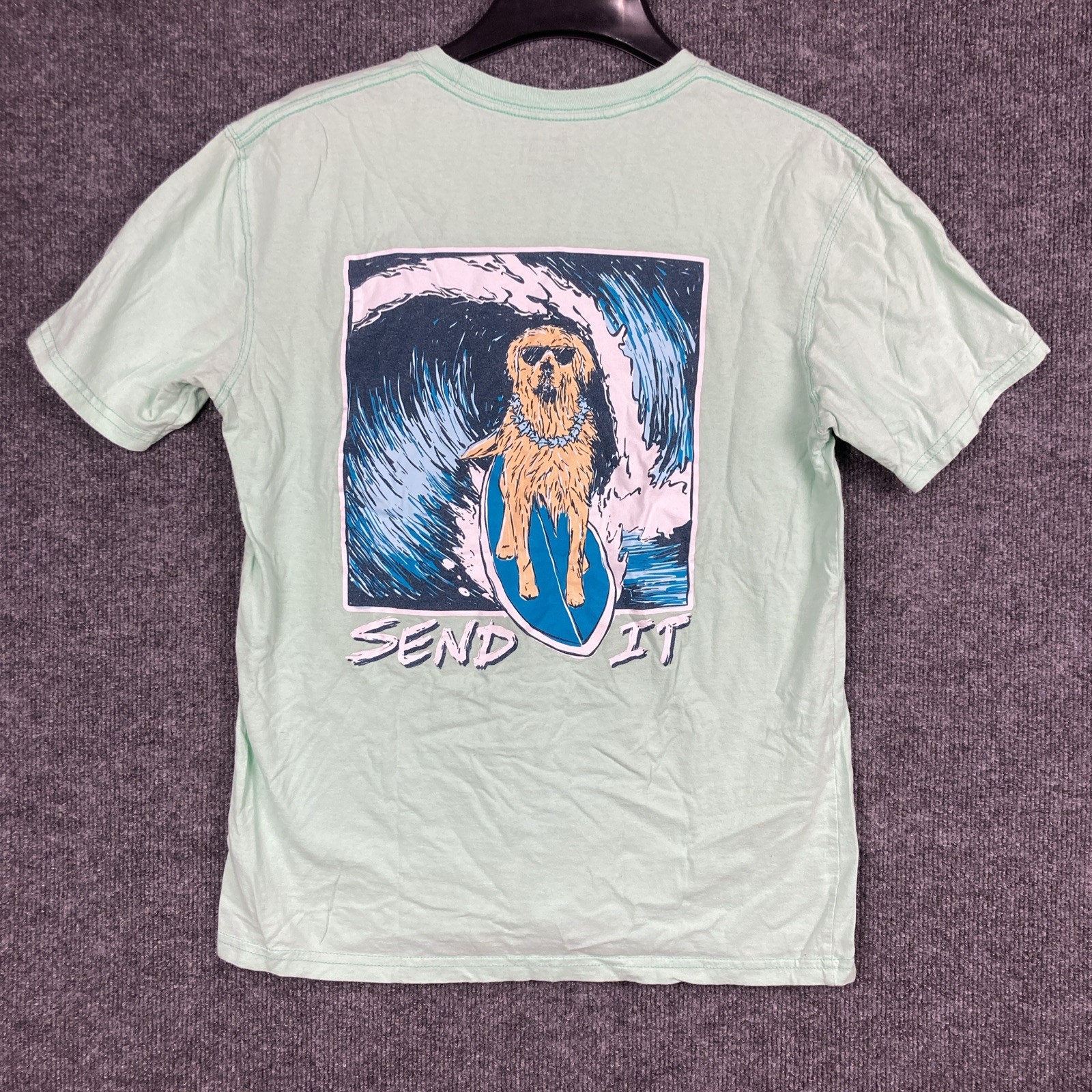 Southern Lure Women Medium Mint Green S/S “Send It” Dog Surfing Cotton Shirt