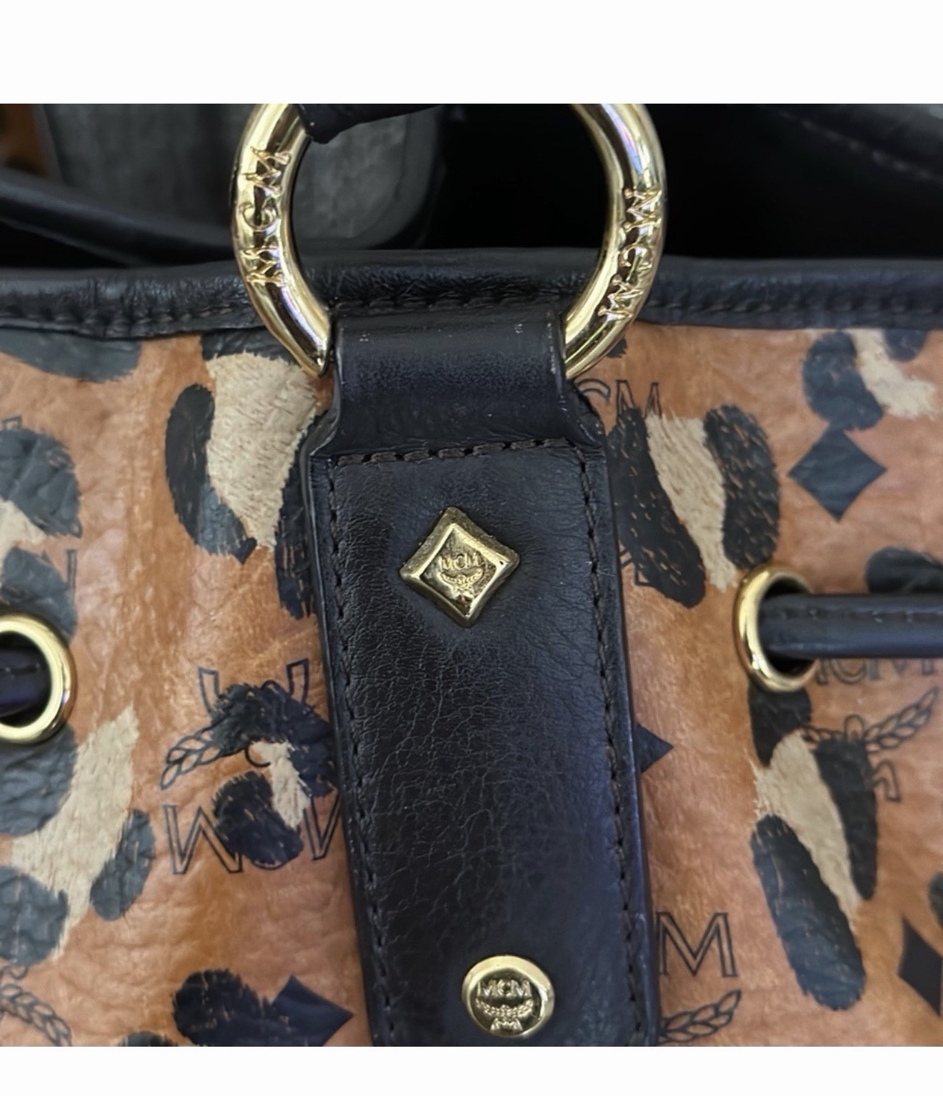 MCM Leopard Print Satchel Top Handle Bag Brown Black Drawstring Gold Dust Bag