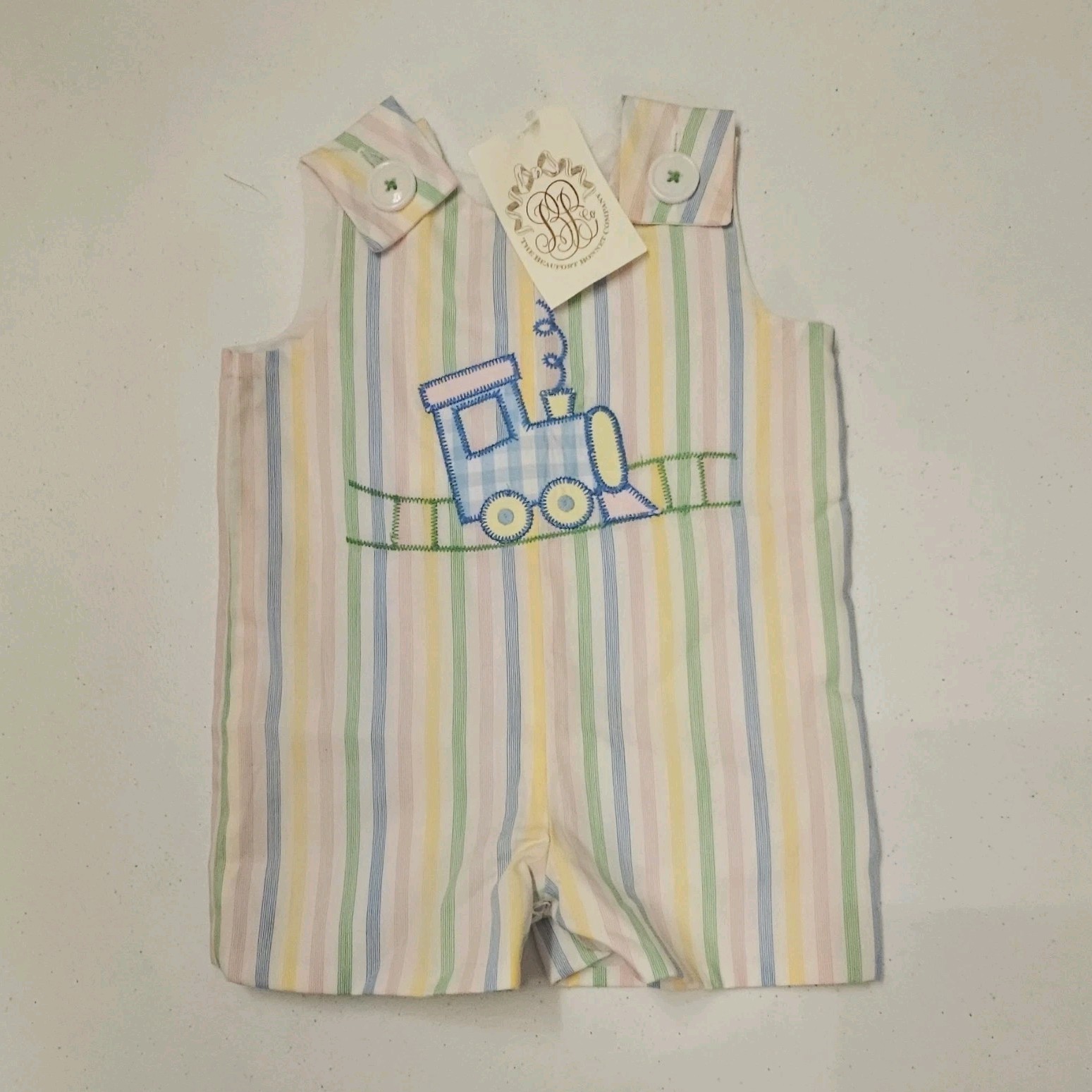 The Beaufort Bonnet Company Striped Seersucker Train Romper 0-6 Months