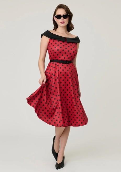 UNIQUE VINTAGE RED & BLACK DOT OFF THE SHOULDER SWING DRESS – NEW – REG & PLUS