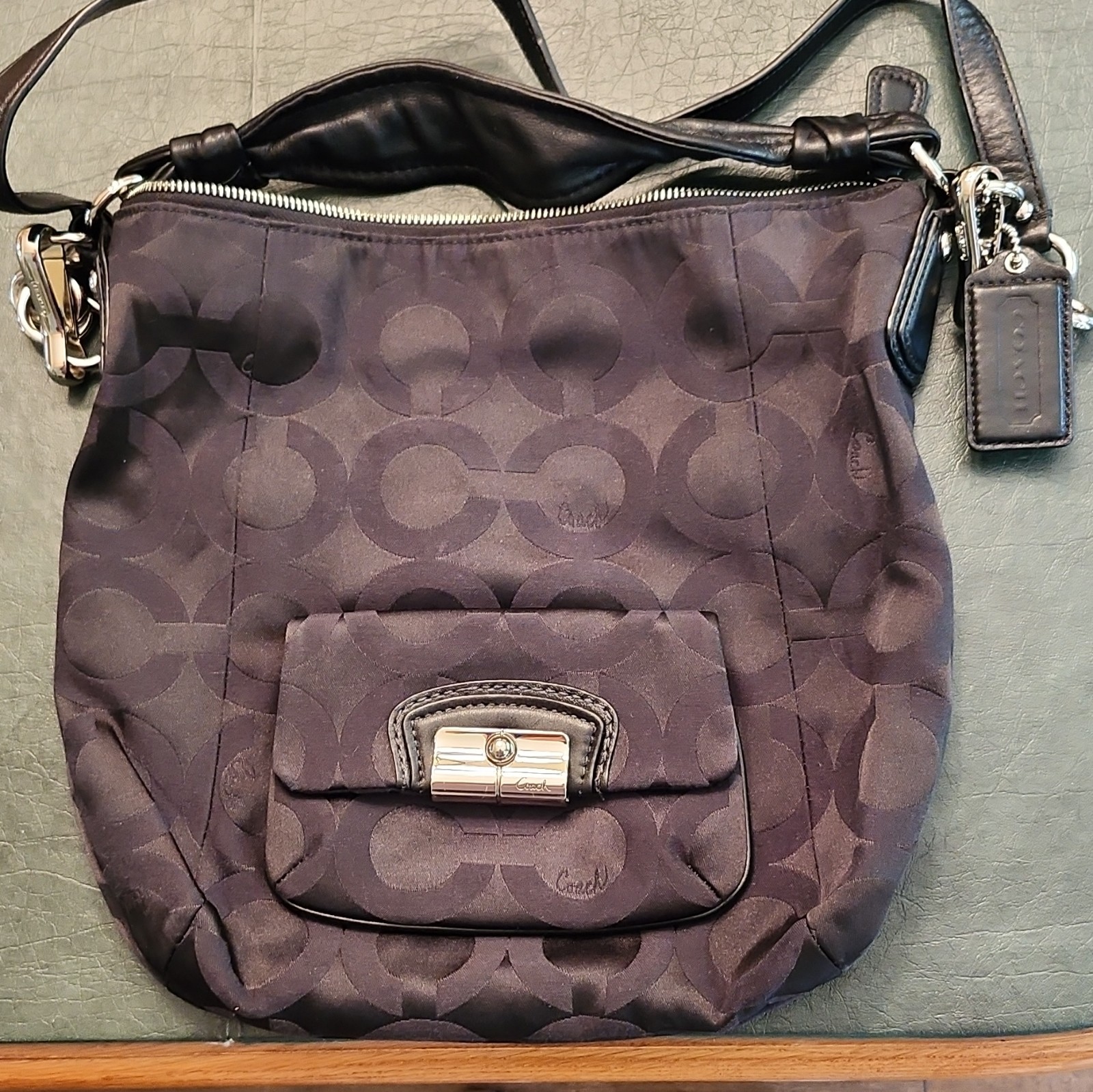 Coach Black Signature Logo Shoulder Bag Zip, Silver Hardware #F1093-14753