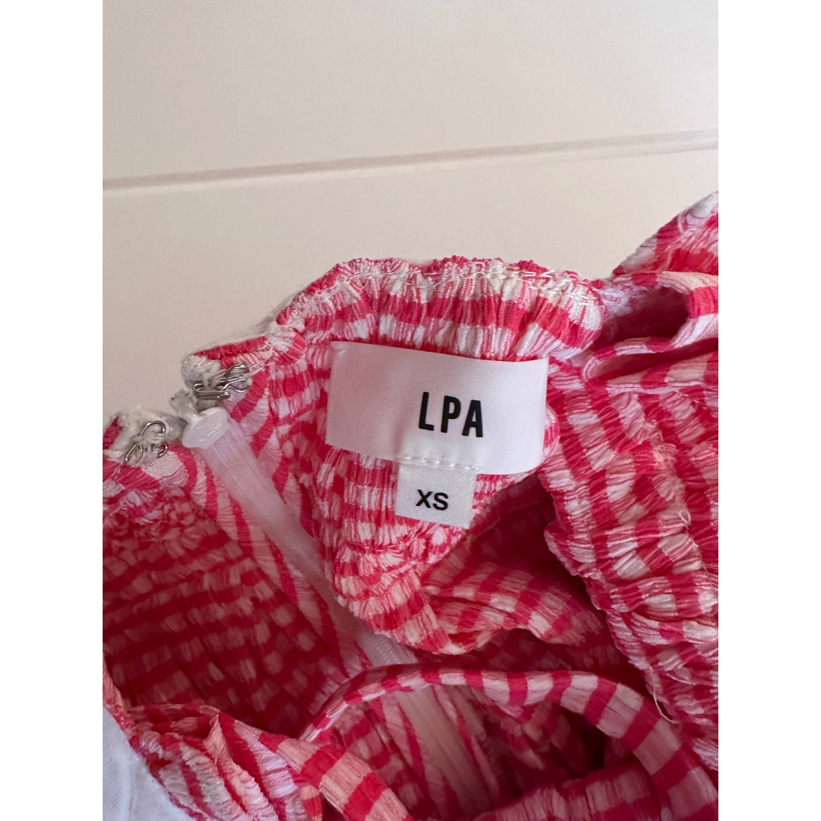 LPA Revolve Pink Gingham cottagecore milkmaid Mini Dress Ribbon Tie Smocked XS