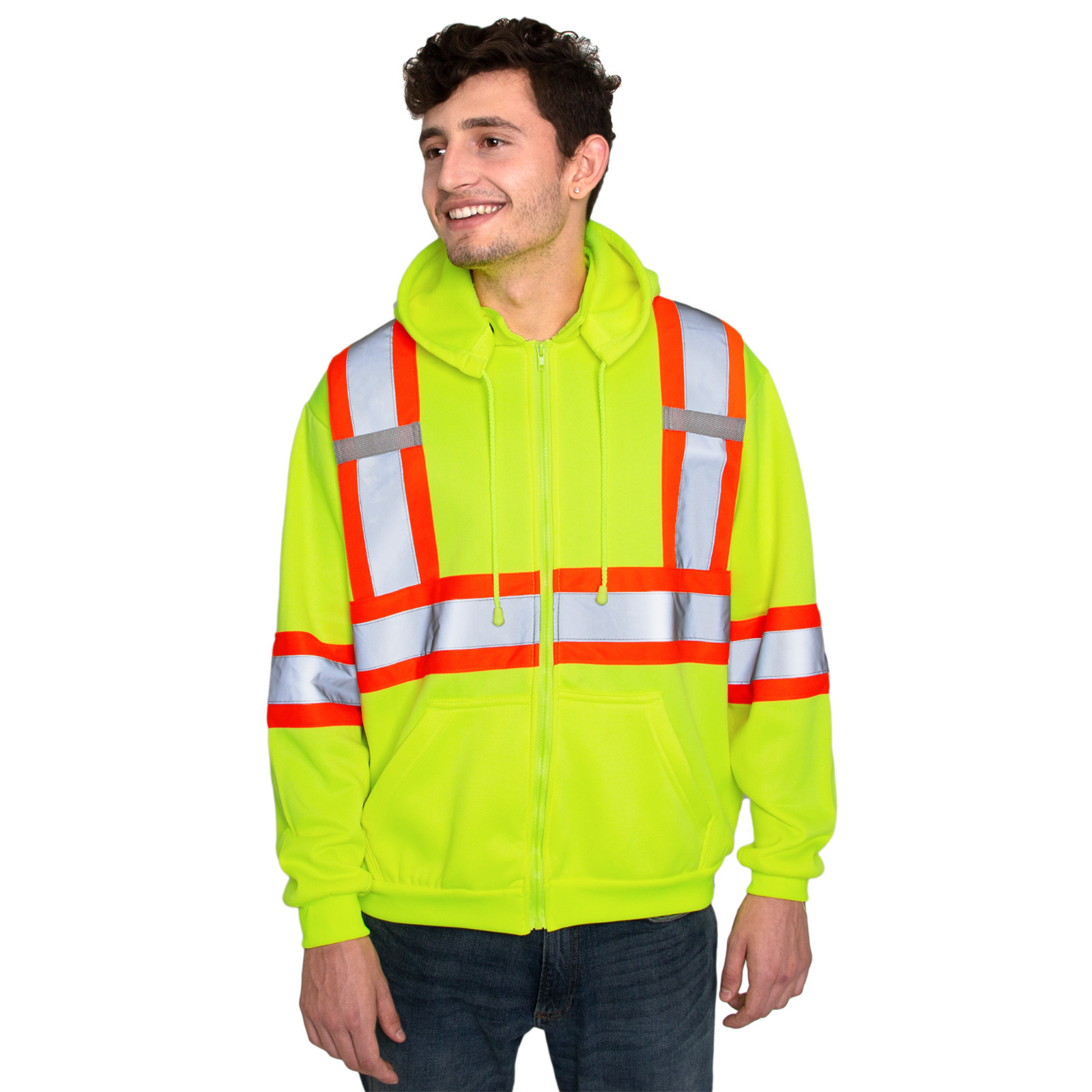Men’s High Visibility Safety Hoodie Sweater Yellow with X on back Jorestech
