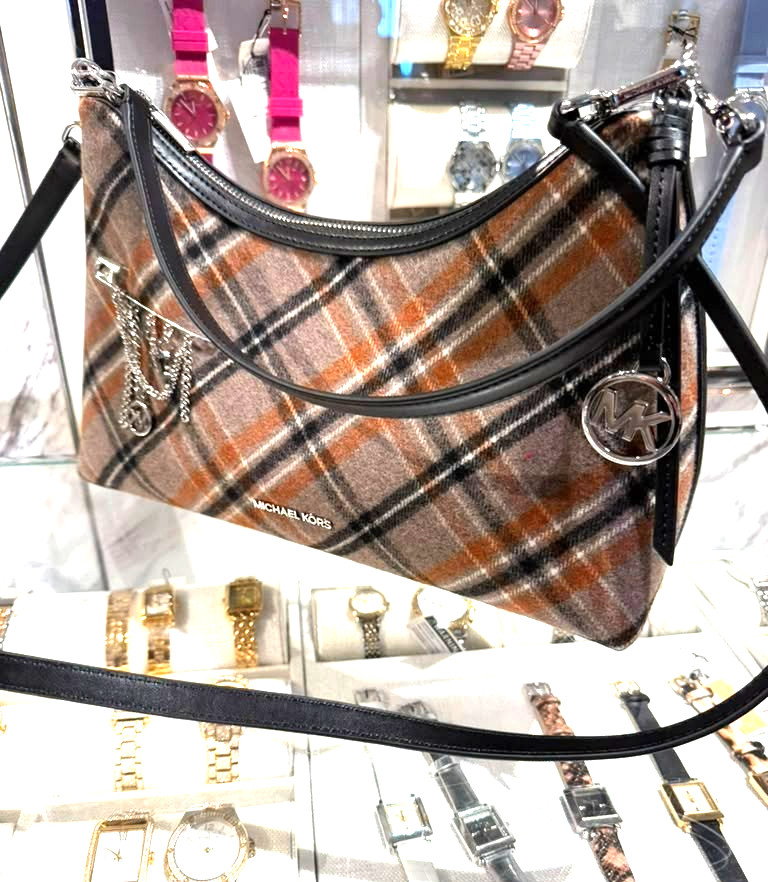 Michael Kors Sammy Medium Plaid Print Wool Blend Convertible Shoulder Bag Purse