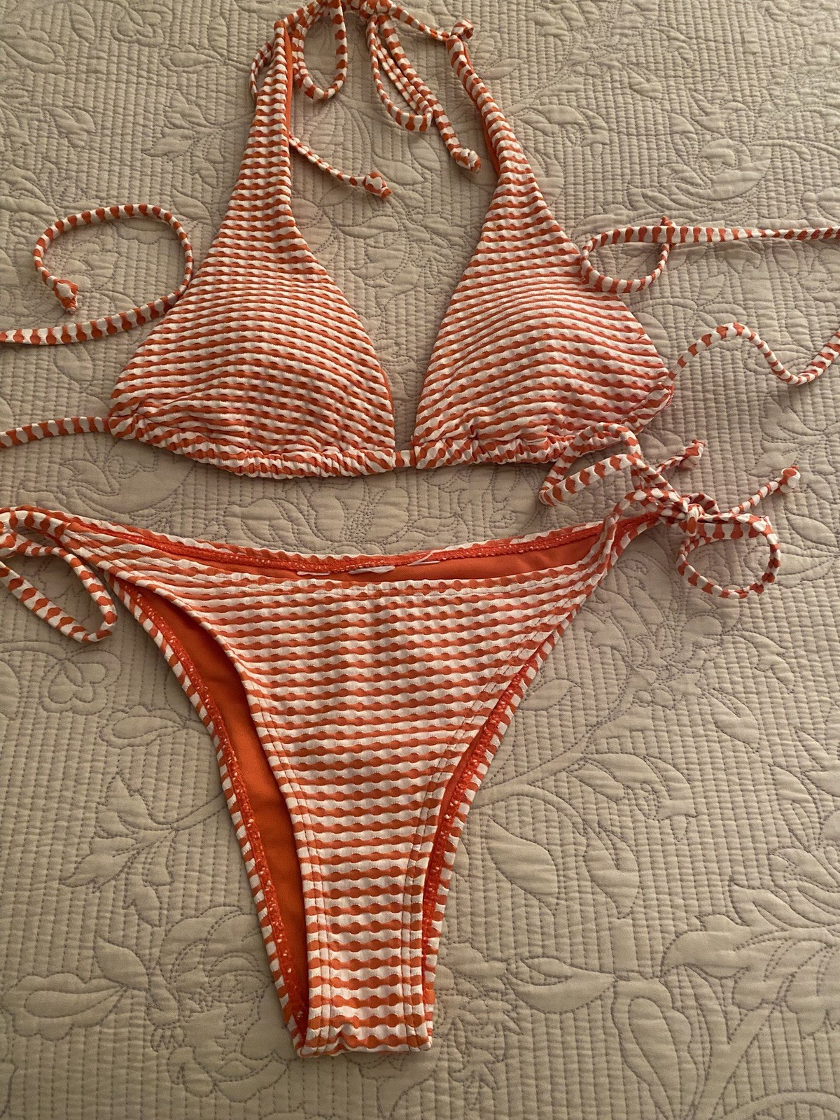 Accessorize Orange/Cream Patterned Halter Neck Bikini Set – Size M