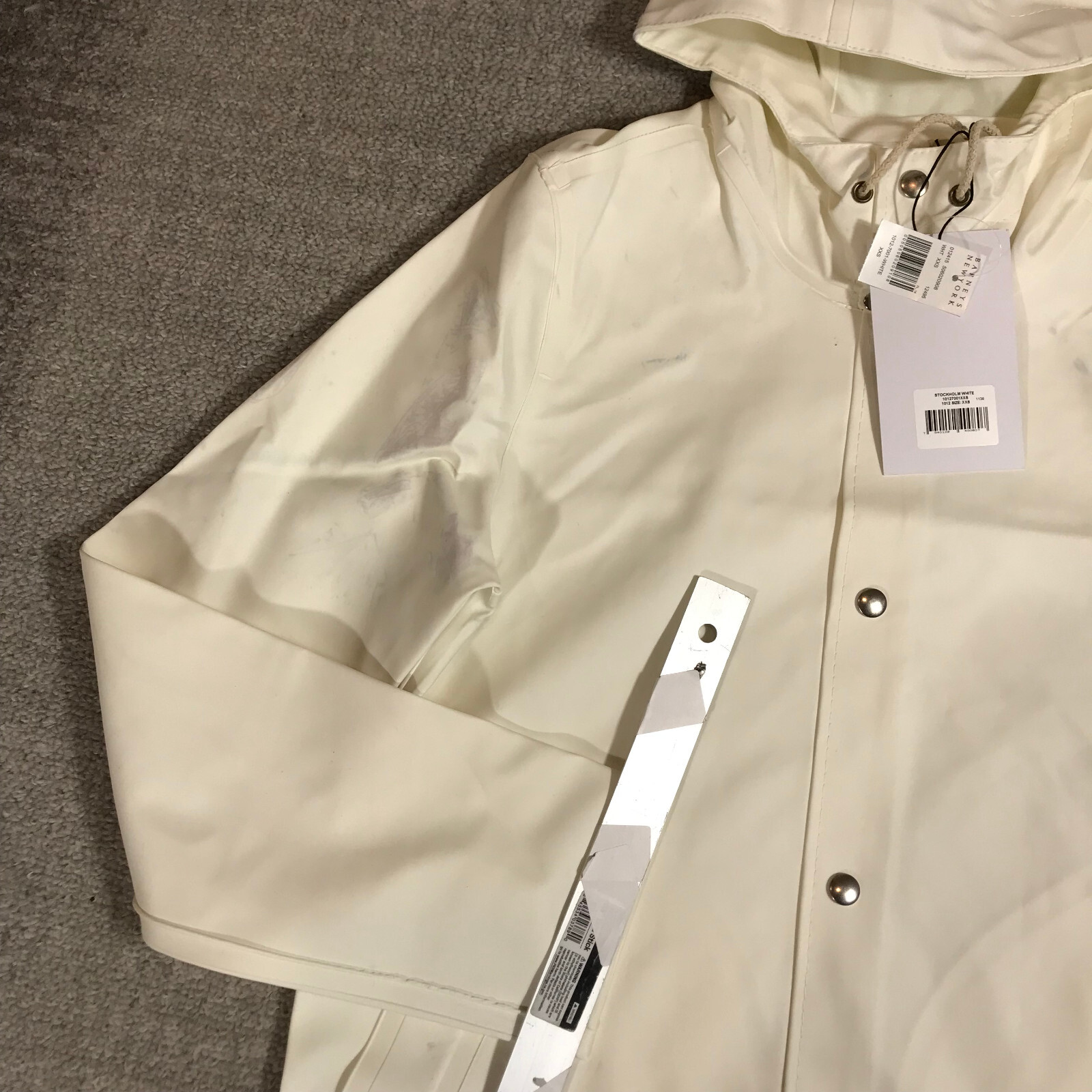 Stutterheim Stockholm Jacket Mens 2XS XXS Raincoat Hoodie Unisex White Thrased