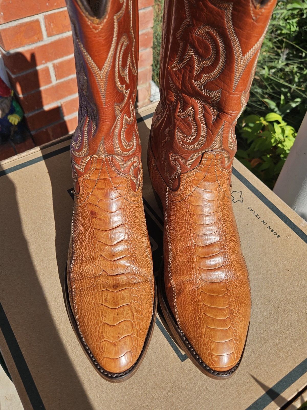 J Chisholm Men’s Cowboy Boots Size 9D “Cognac Ostrich Leg” W/NEW HEEL CAPS!
