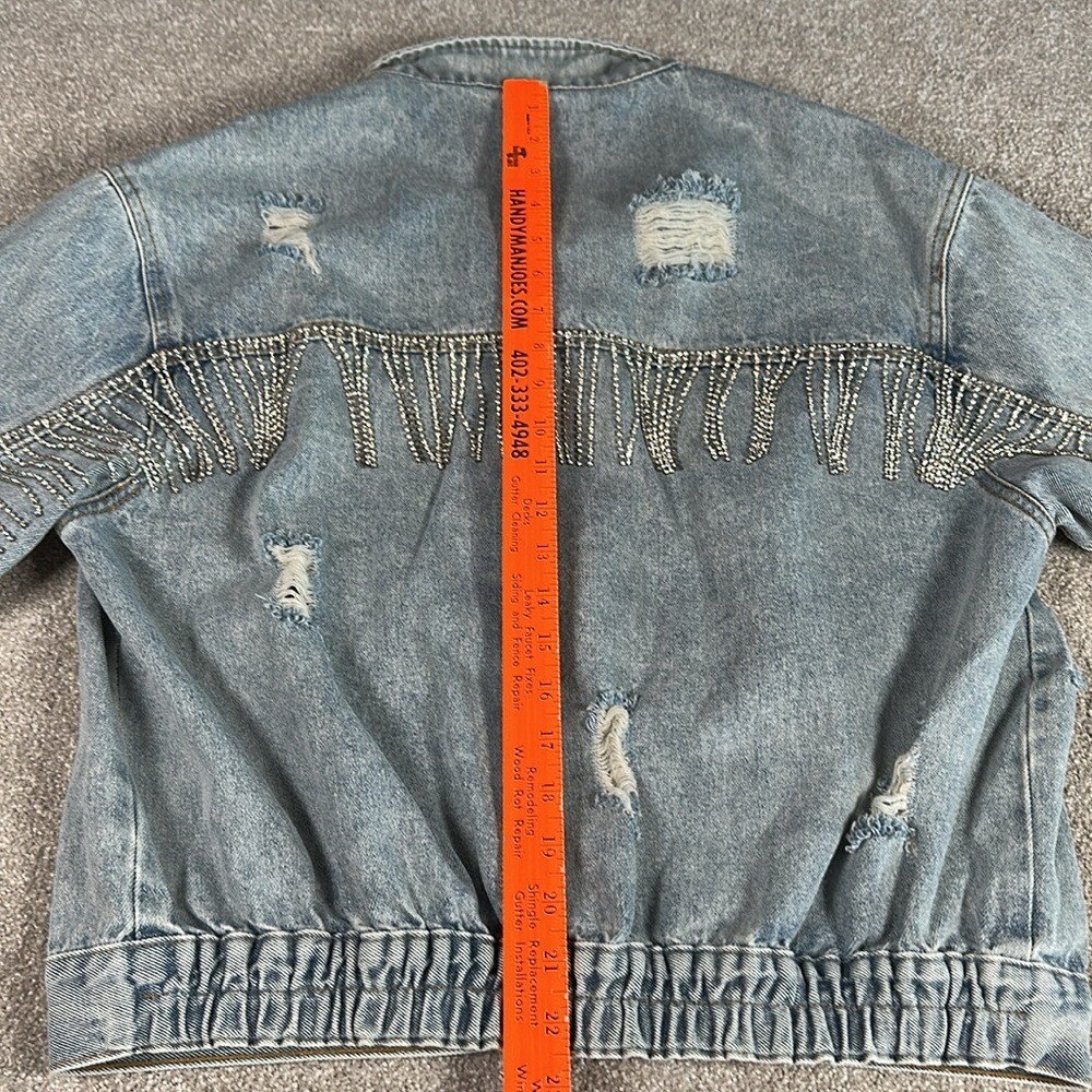 Distressed, rhinestone, fringe, jean jacket, grunge, punk band rock