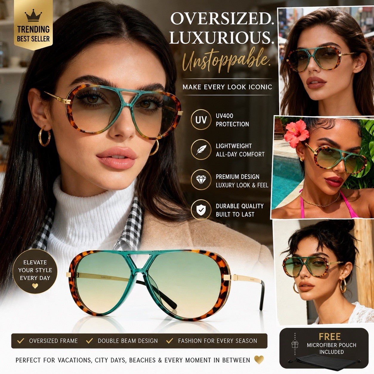 Oversized Tortoise Sunglasses Women Double Beam Metal Frame UV400