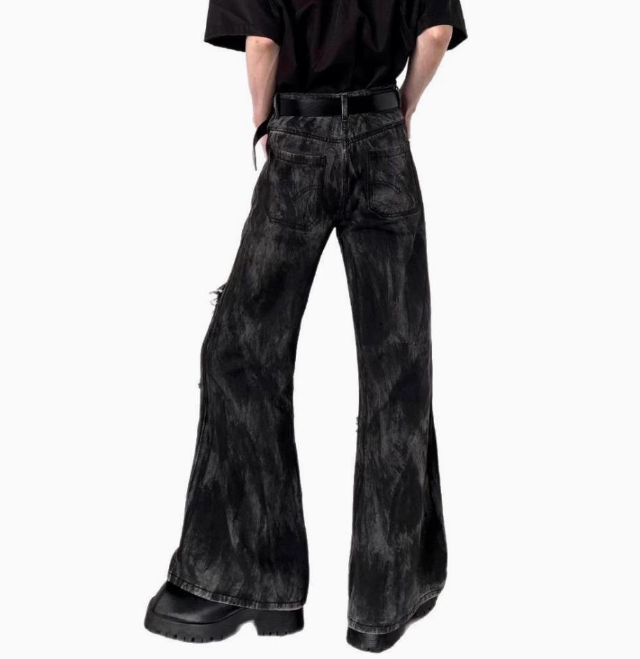 Men’s Black Denim Jeans Flared Casual Punk Hip Hop Trousers Tassels Pants New