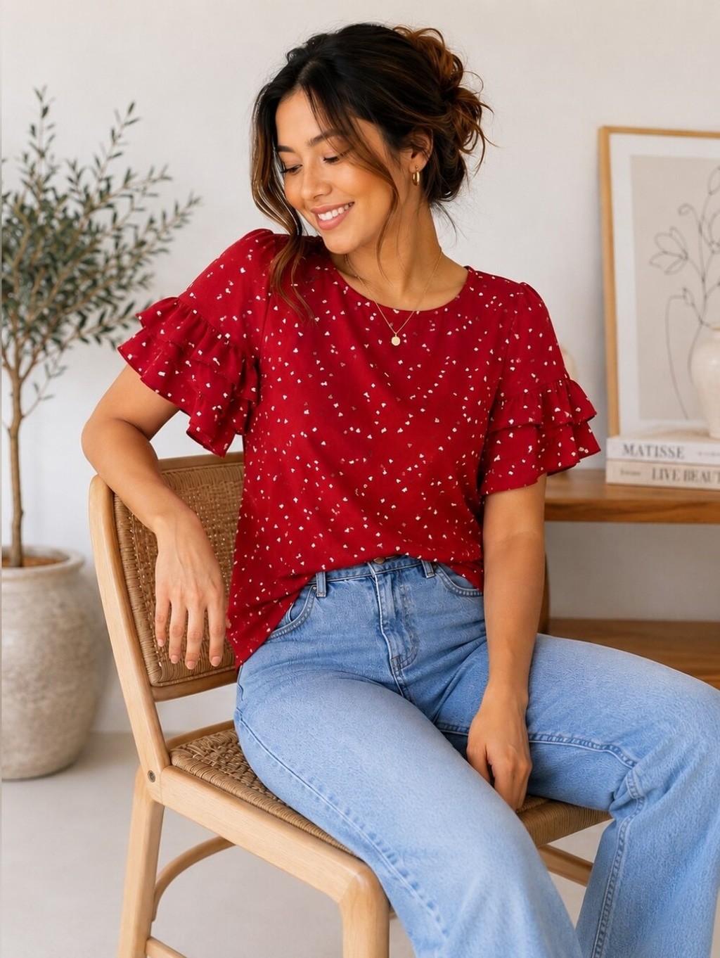 Burgandy/Red Heart Print Ruffle Sleeve Blouse Women’s US 6