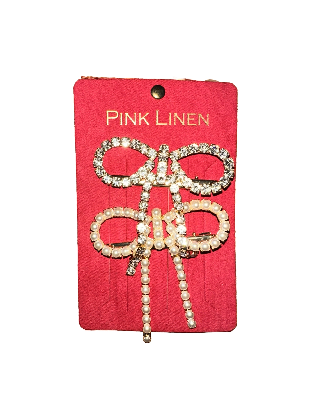 Pink Linen Crystal Rhinestone Pearl Style Bow Fashion Stylish Hair Clip Set