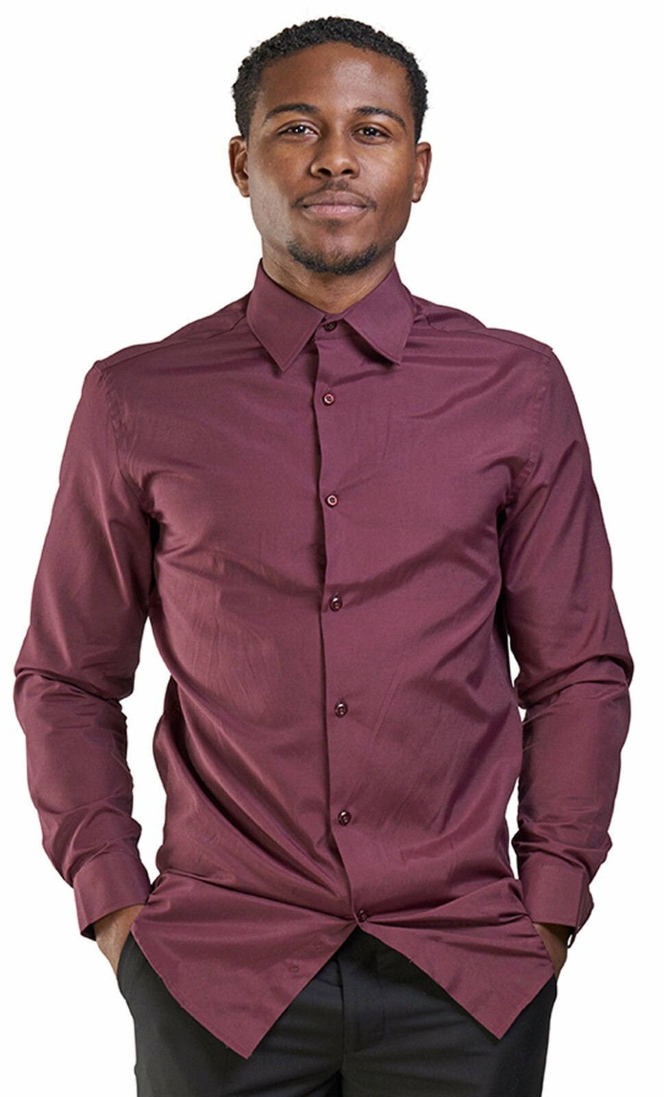 Slim Fit Burgundy Mens Dress Shirt Spread Collar Fitted Convertible Cuff AZARMAN