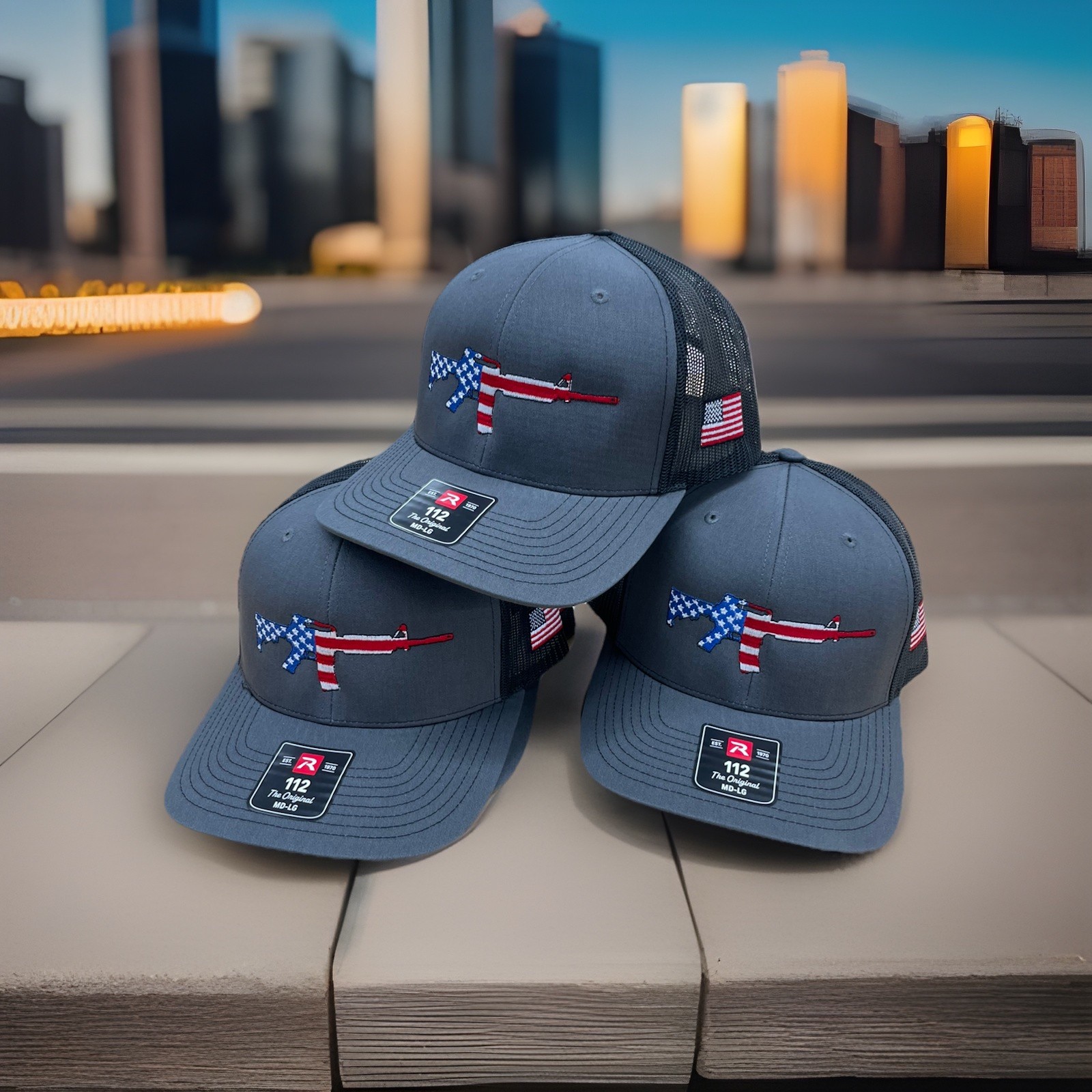Richardson 112 charcoal/Black Trucker Hat USA Flag Embroidered Snapback Cap MAGA