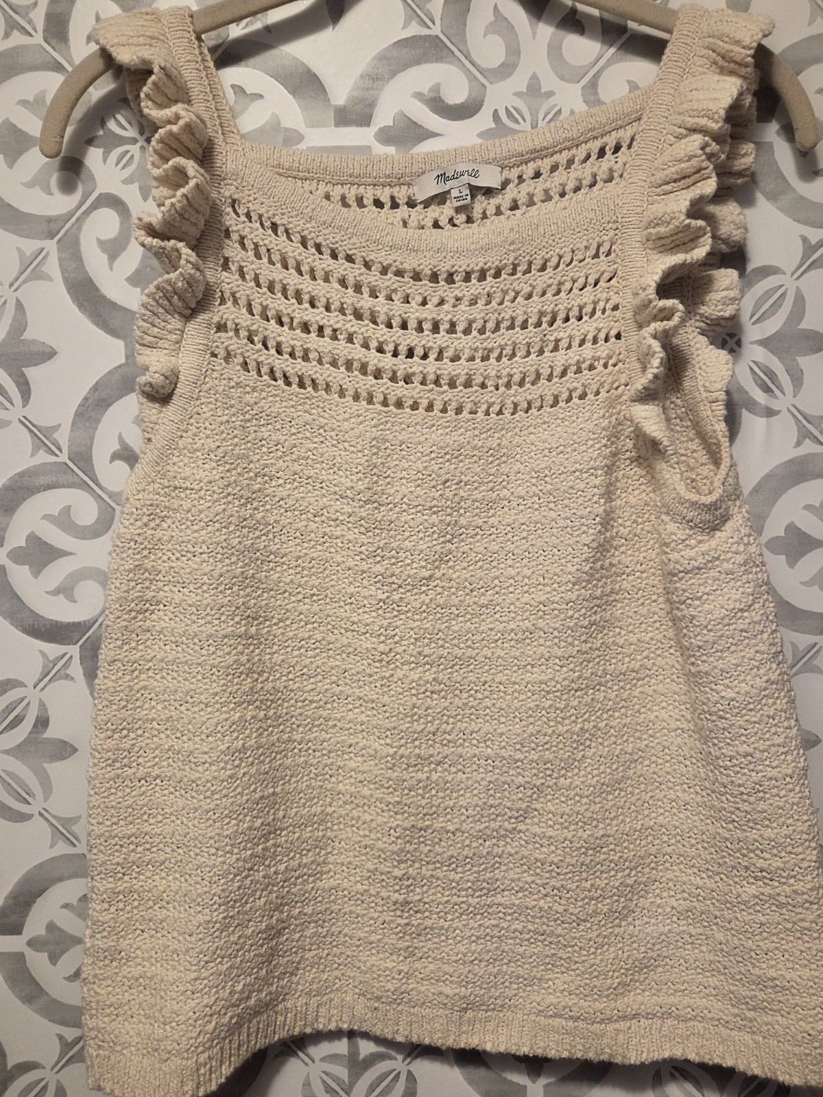 Madewell Size LARGE Ruffle Crochet Sweater Tank Marled Cream Off White Sleeveles