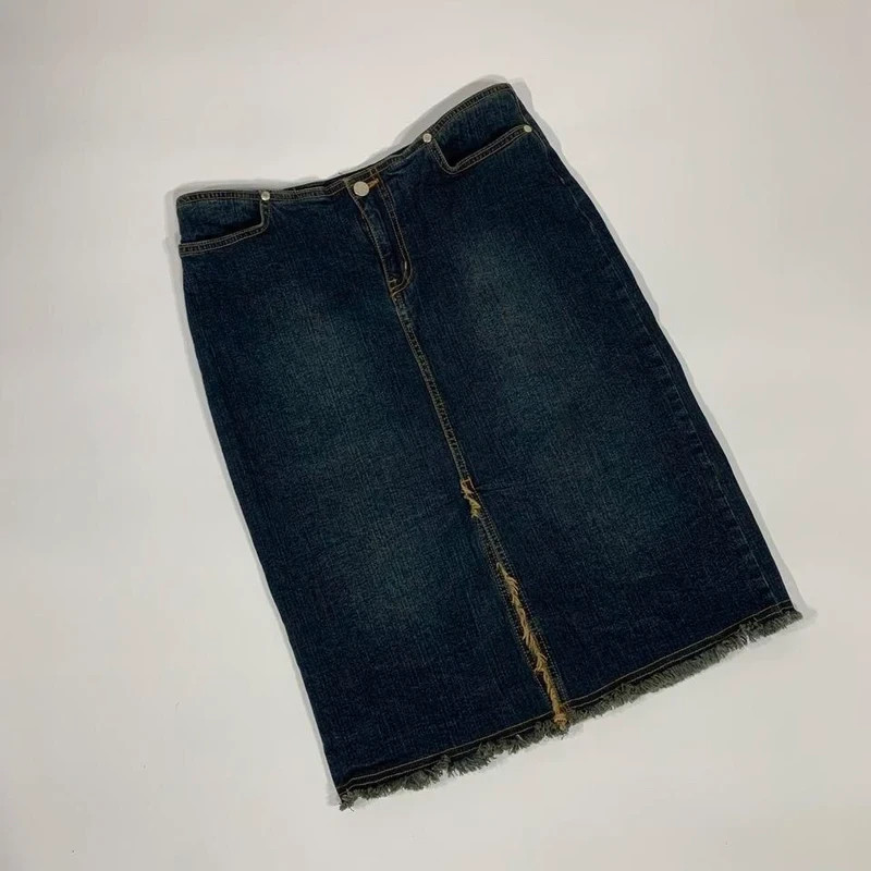 Y2K Charlotte Russe Midi Dark Denim Skirt With Slit Raw Hem Juniors Size 11 USA