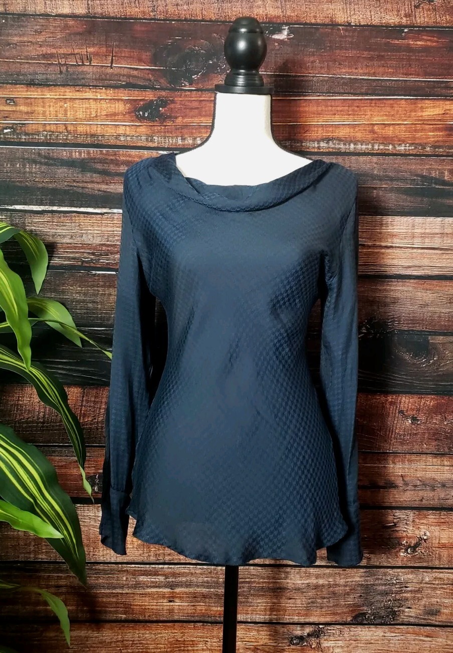T Tahari Blouse Shirt Size XS Silky Black Navy Cowl Neck Tunic Top NWT