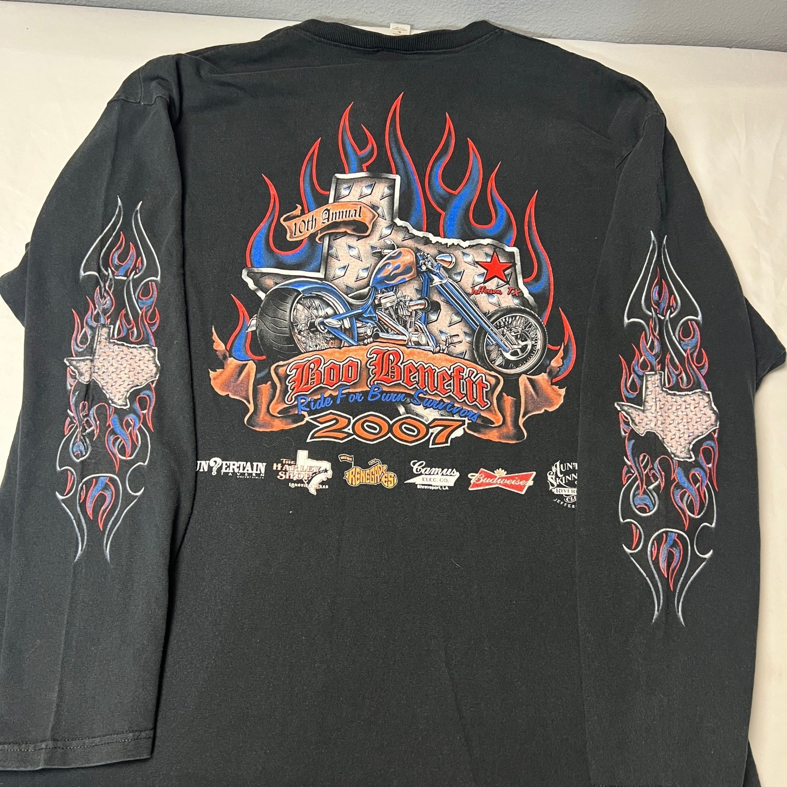 Anvil Boo Benefit Texas Motorcycle Cycle Graphic Long Sleeve Henley Shirt XL