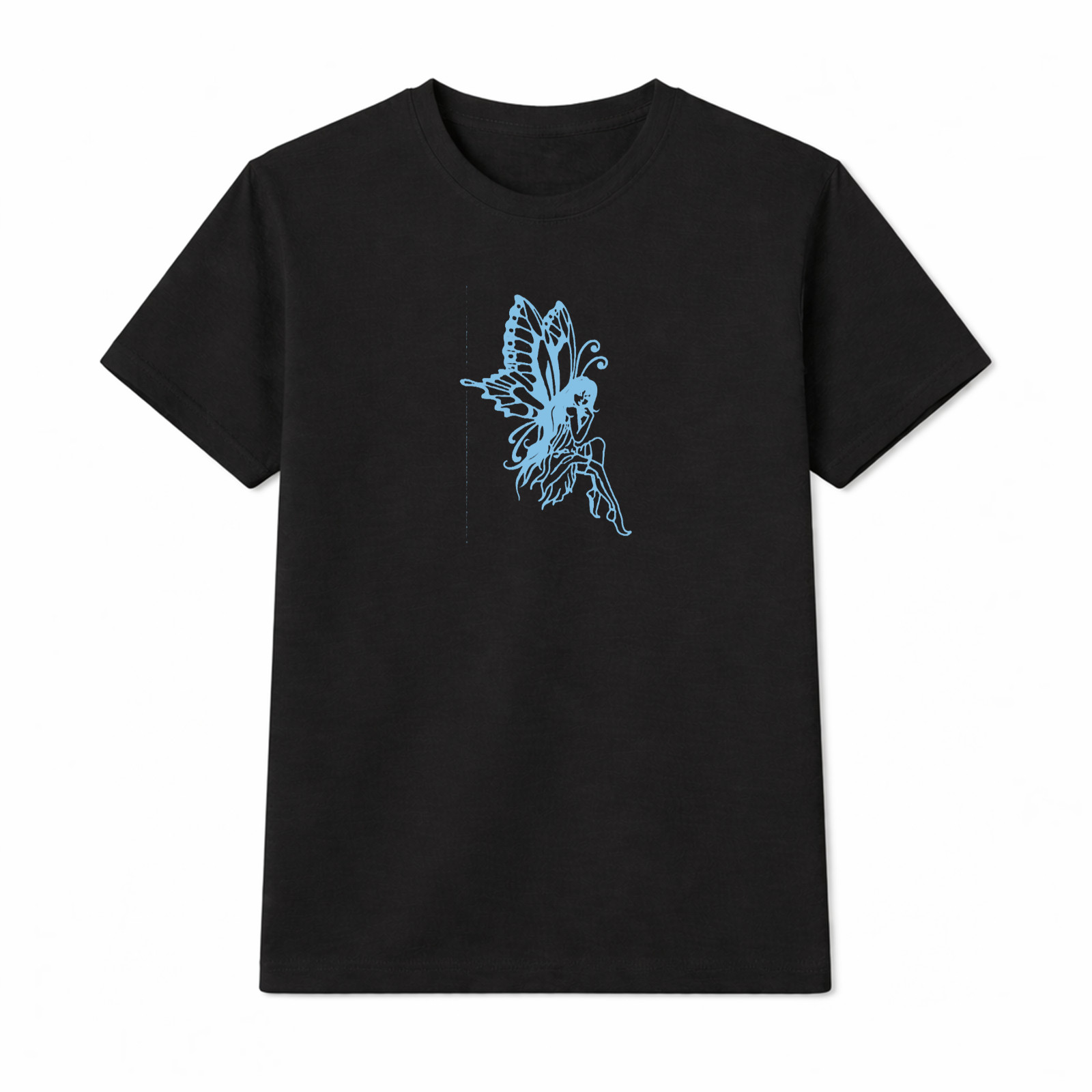 Women’s Black T-Shirt Featuring Fairy with Long Flowing Hair