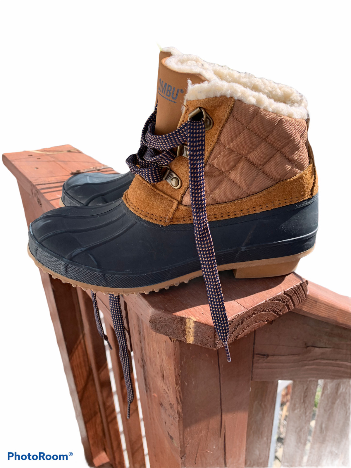 KHOMBU Size 6 Blue and Tan Duck Boots Leather and Man Made Lace Up