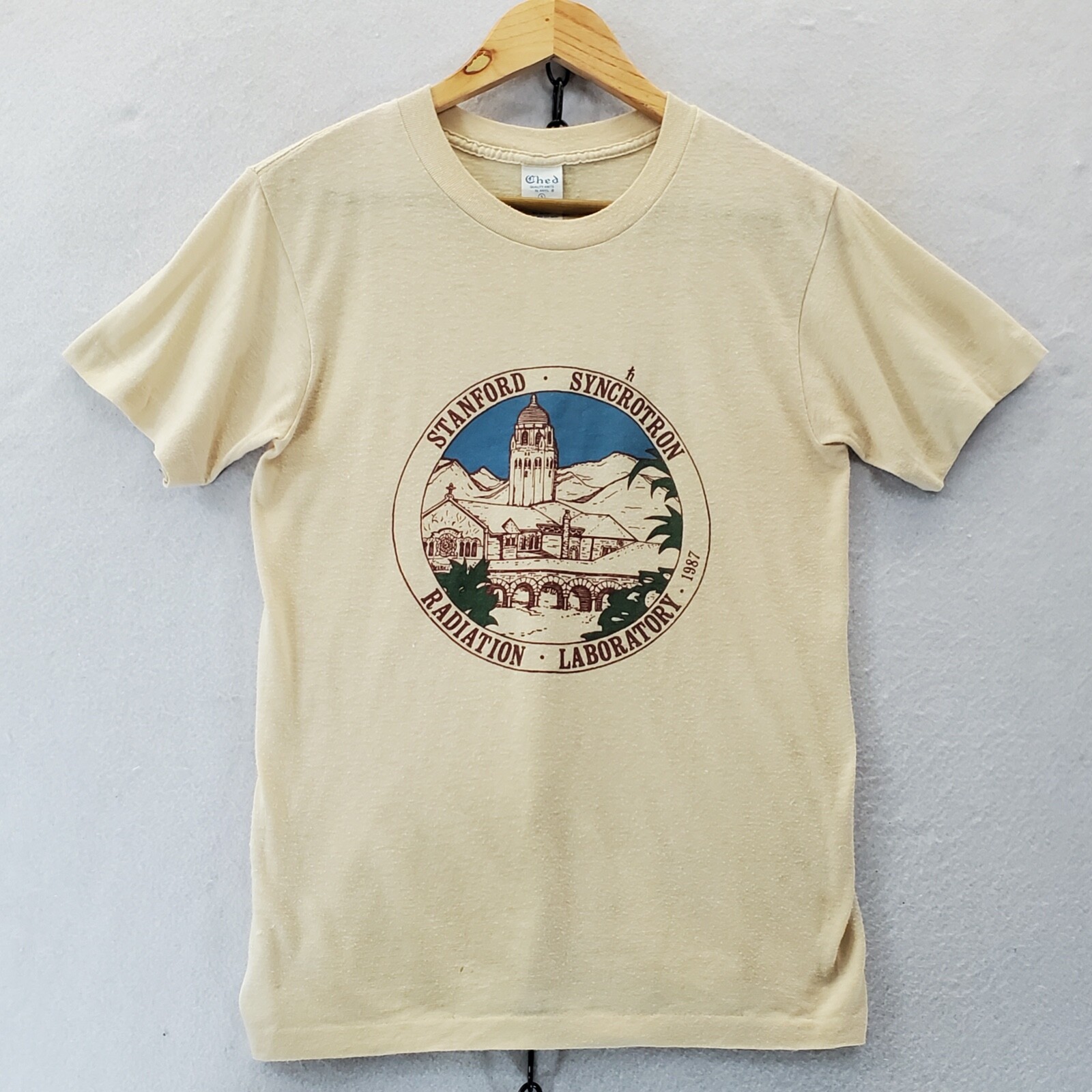 Vintage 1987 Beige Stanford Syncrotron T-Shirt Single Stitch Ched Label Sz S