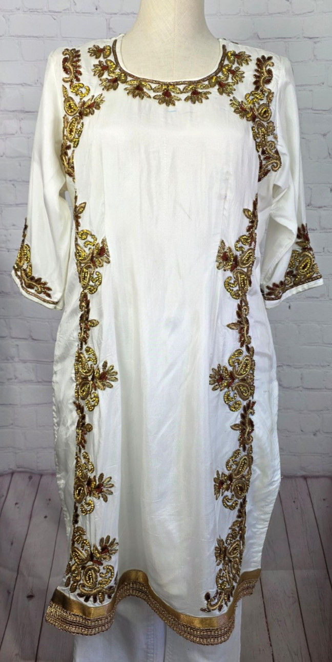 Kurta Tunic Top Embroidered Beads Rhinestones Jewel Tassle Slits India Tribal SM