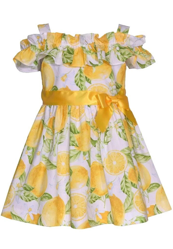 NWT Bonnie Jean Girls 4T Ribbon Bow Ruffle Lemons Cold Shoulder Poplin Dress