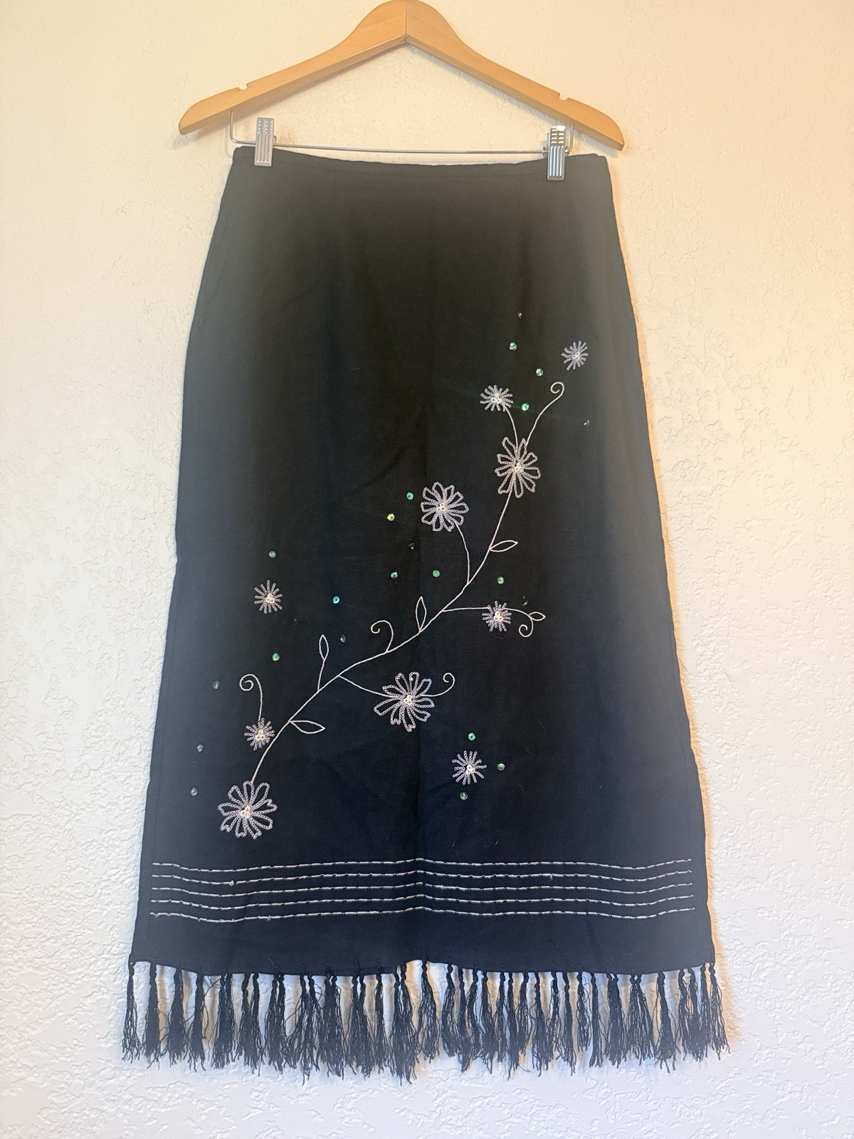 Vintage Requirements Linen Blend Black Embroidered NWOT Fringe Midi Skirt M