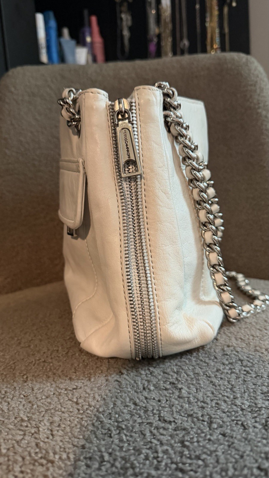 Rebecca Minkoff White Shoulder Bag Zip Closure Chain Strap Silver Hardware