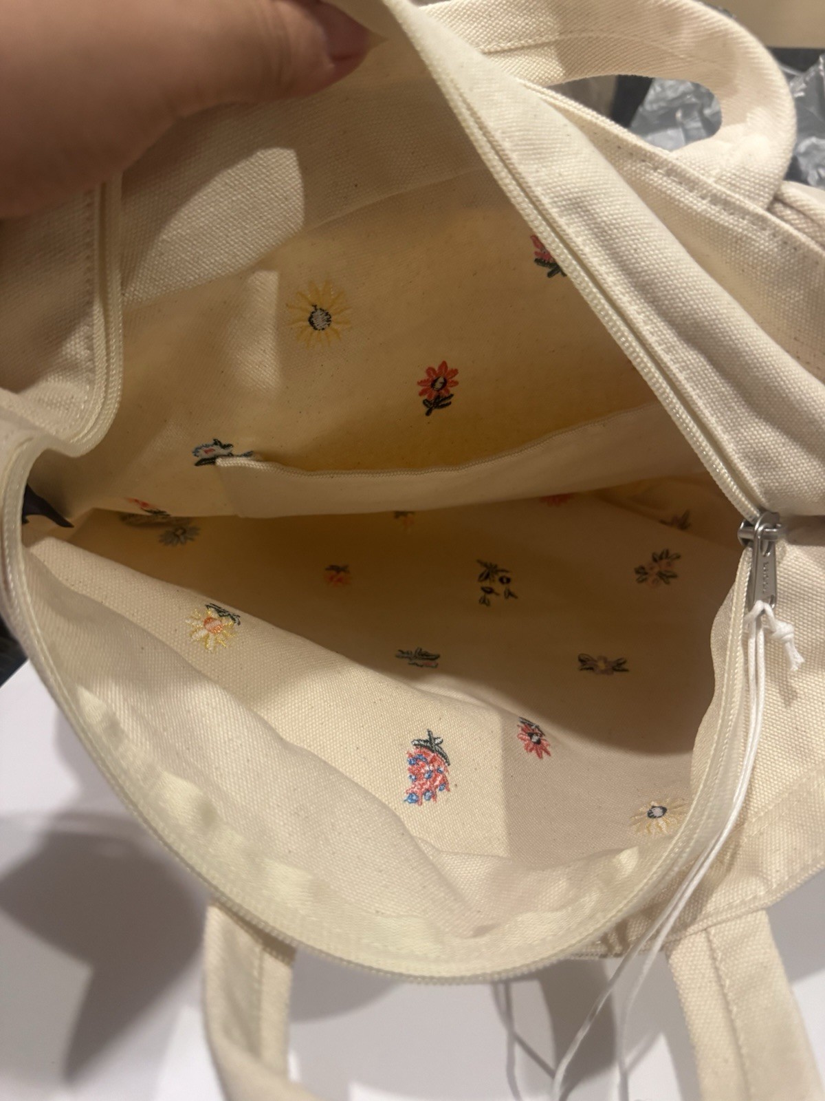 BAGGU Beige Floral Embroidered Zip Top Tote Bag w/ Detachable Adjustable Strap