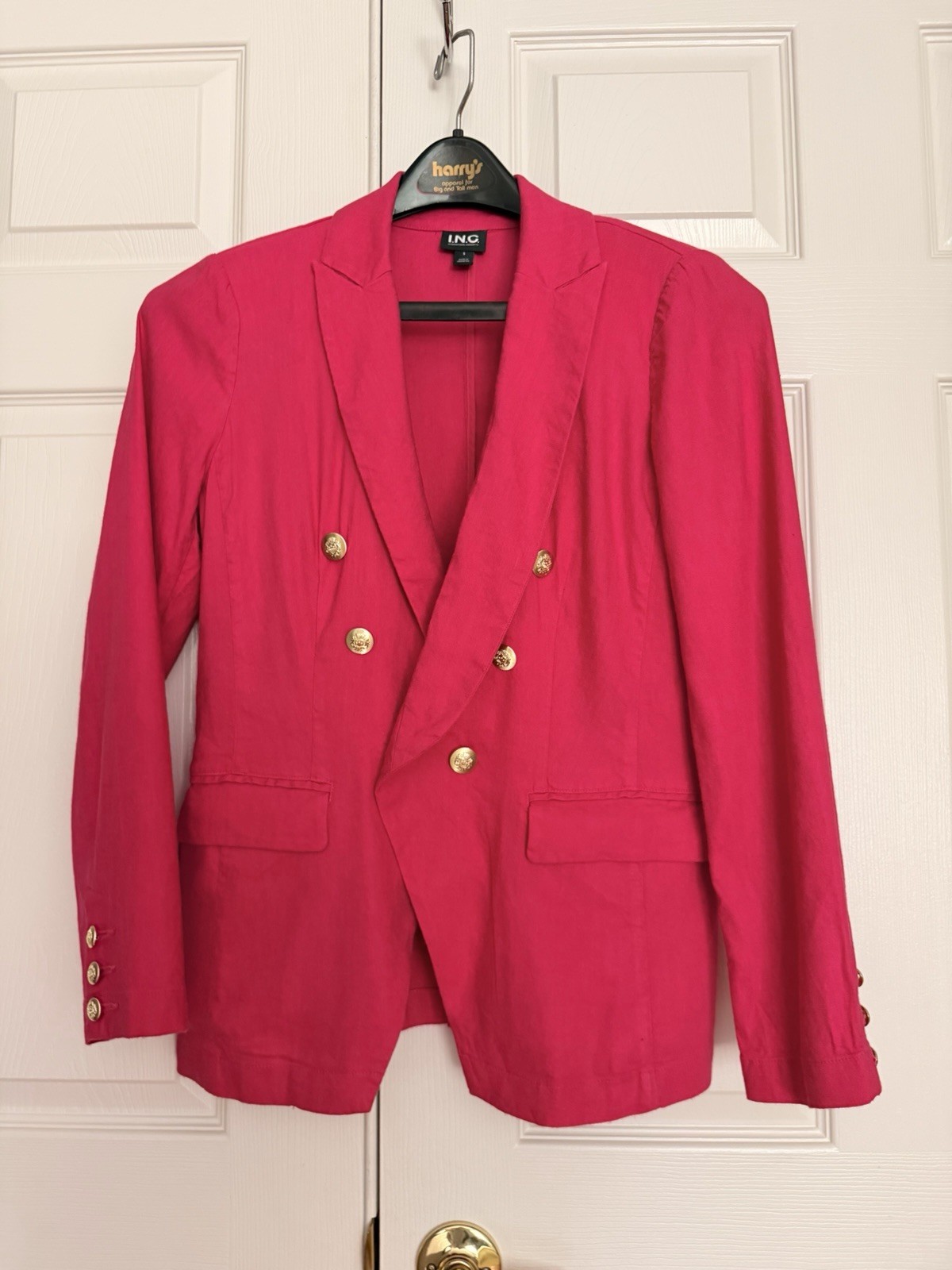 I.N.C. S Linen Blend Double Breasted Blazer Gold Buttons Fuchsia Preppy Chic