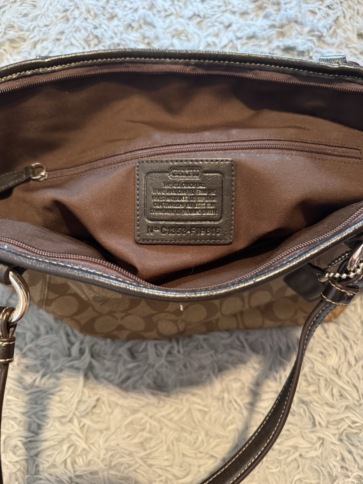 Coach Signature Monogram Satchel Top Handle Tan/Brown Zip Silver Charm Pockets