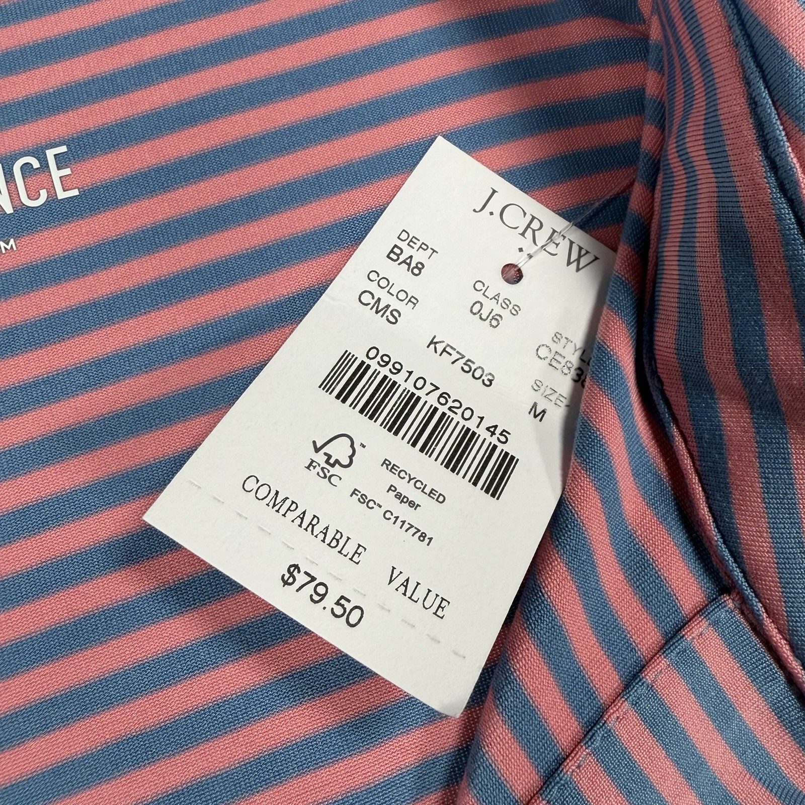 NWT J Crew Polo Shirt Men M Pink Blue Striped Performance Golf Stretch Athletic
