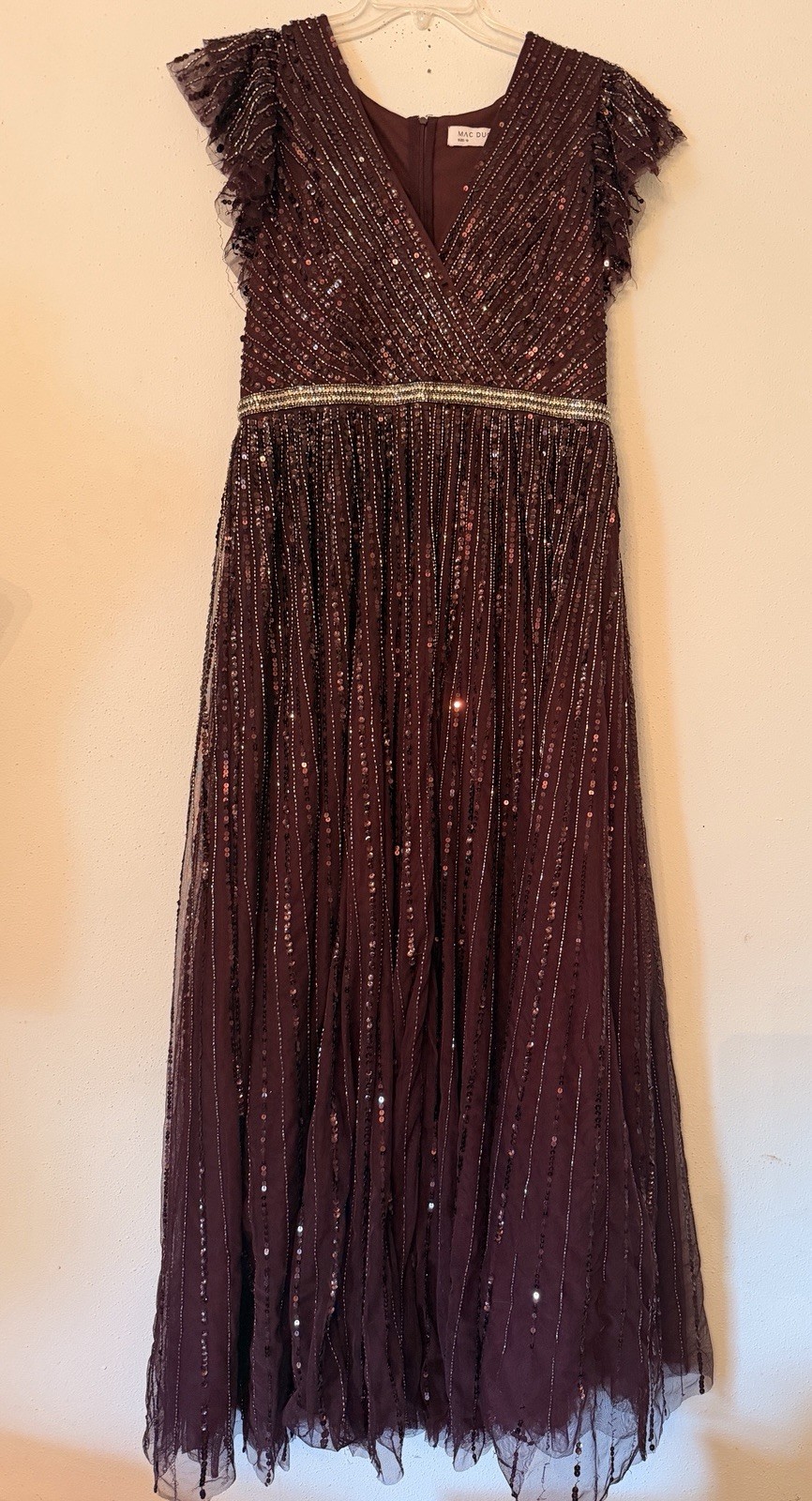 MacDuggal Burgundy Wine Sequin Beaded Flutter Sleeve Evening Gown Dress Sz12 NWT