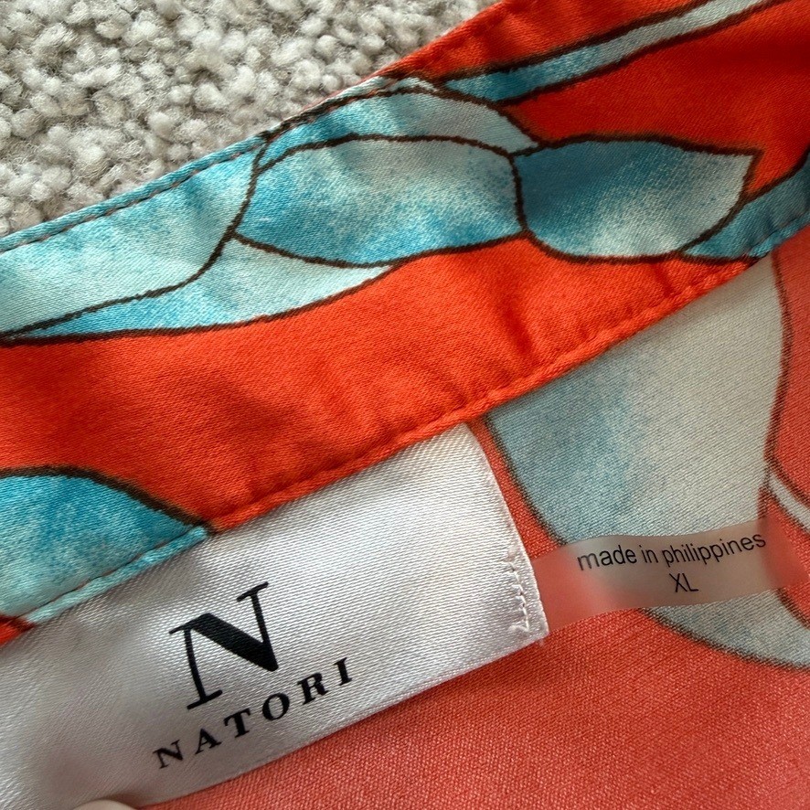 Natori Satin Kimono Caftan Womens XL Orange Floral Tunic Asian Inspired
