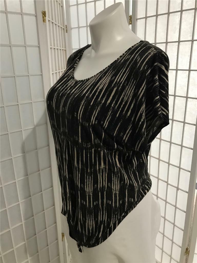 Women’s Hot Options Sz 14 Raven Black Soft Tan Stripe Summer Tie Waist Blouse