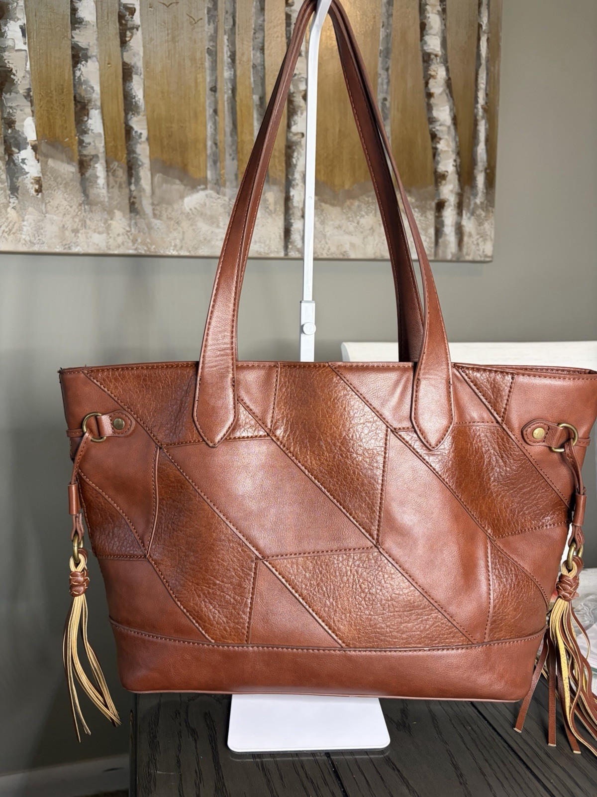 Frye Brown Large Tote Shoulder Bag Tassel Stitching Lined Pockets