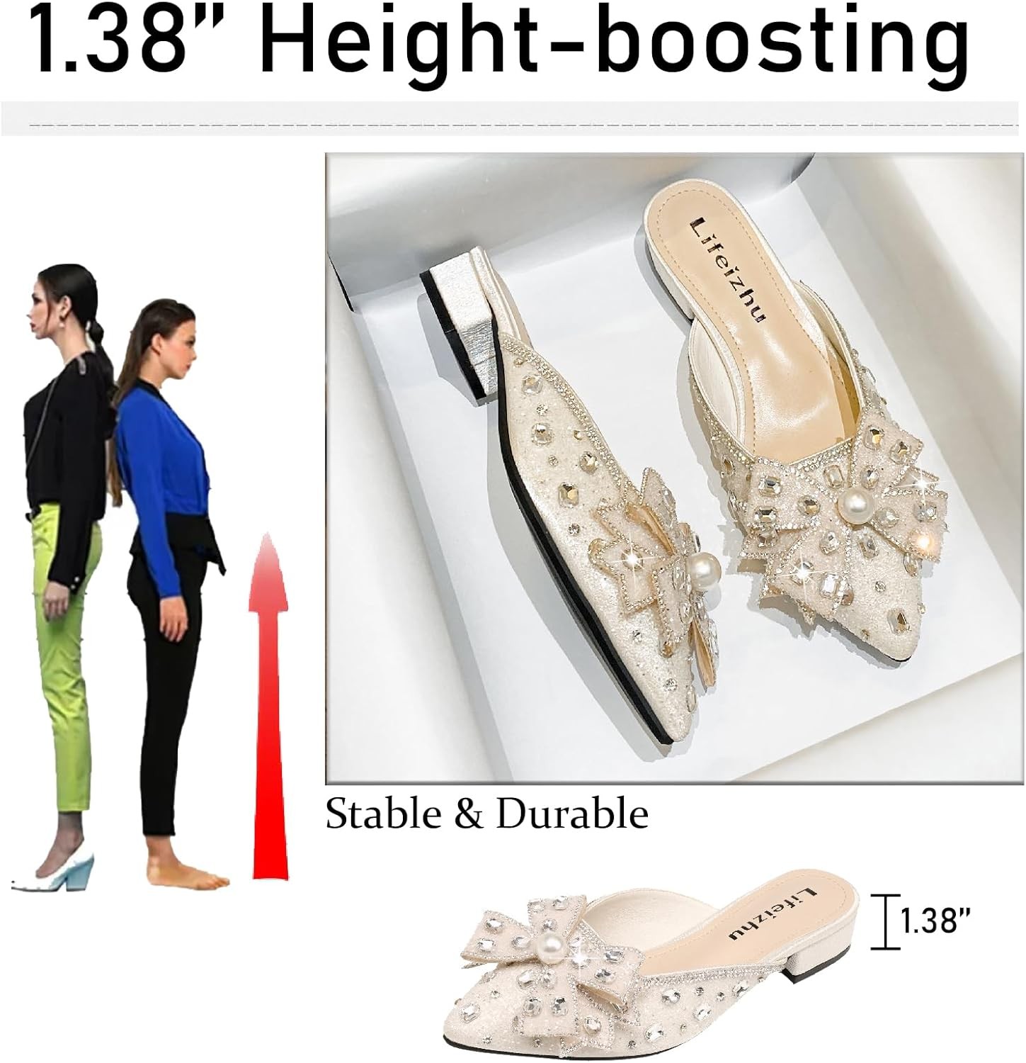 Women’s Glitter Rhinestone Bow Low Heels Mules Fashion Pearl Closed Pointed…