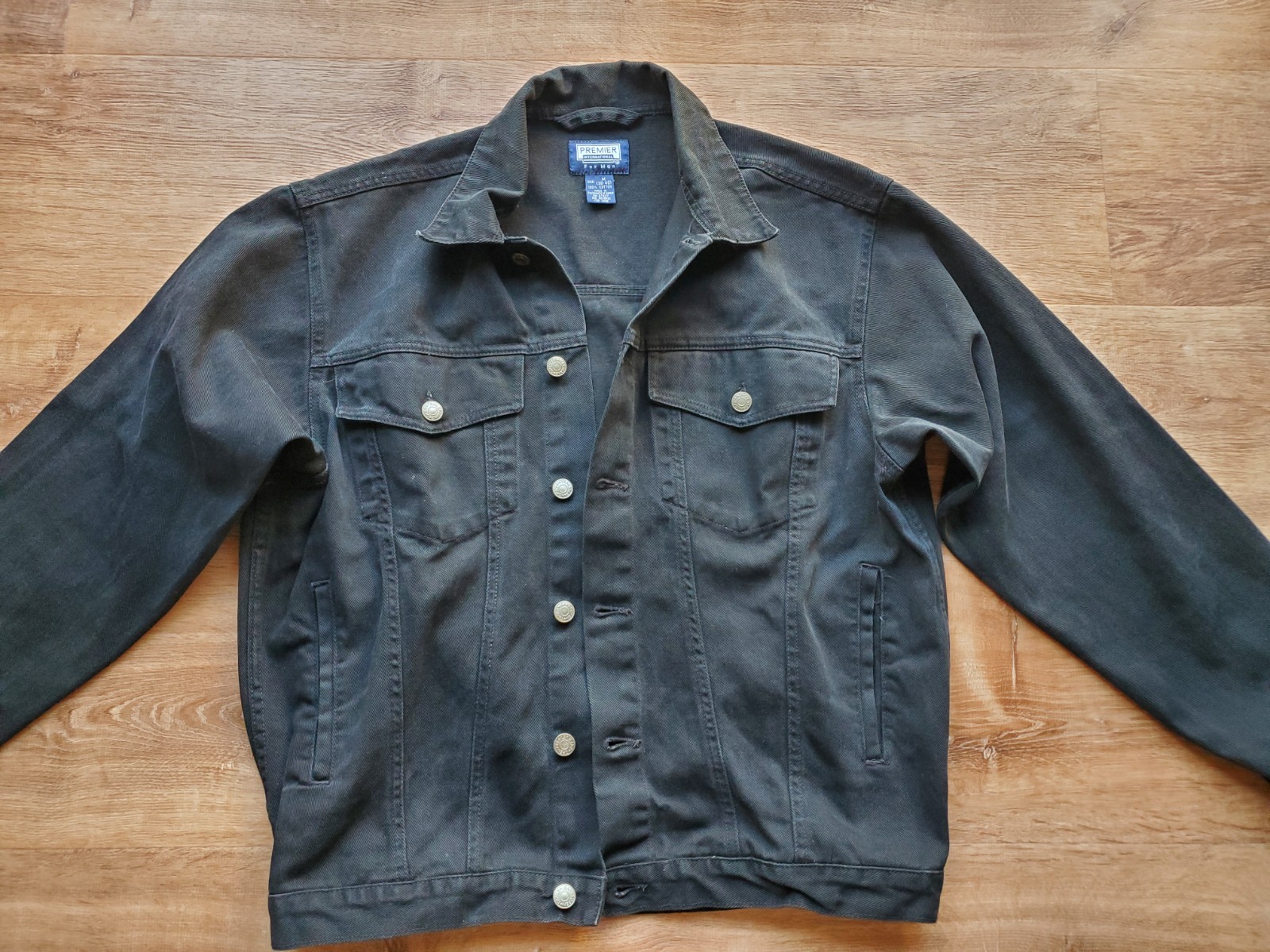 Premier International Jacket Black Denim Collared Buttons Pockets Size Medium