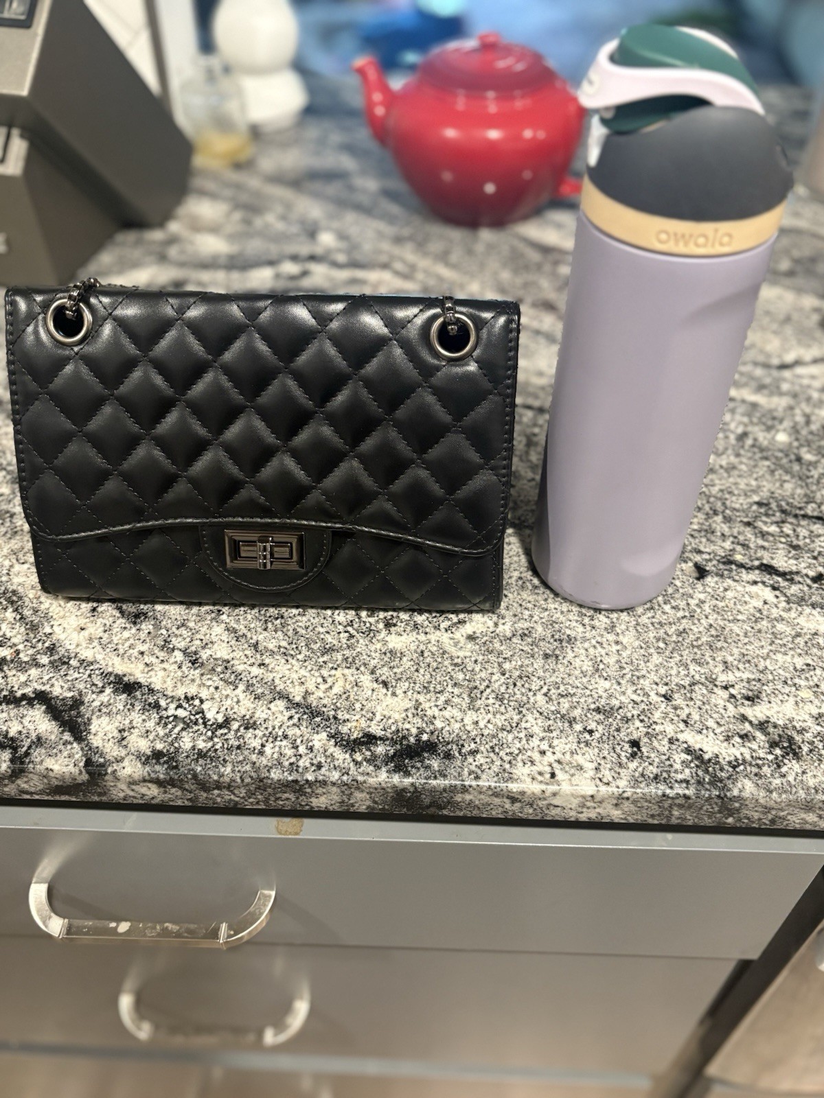 Black Quilted Crossbody Bag Chain Strap Turn Lock Detachable Strap Silver