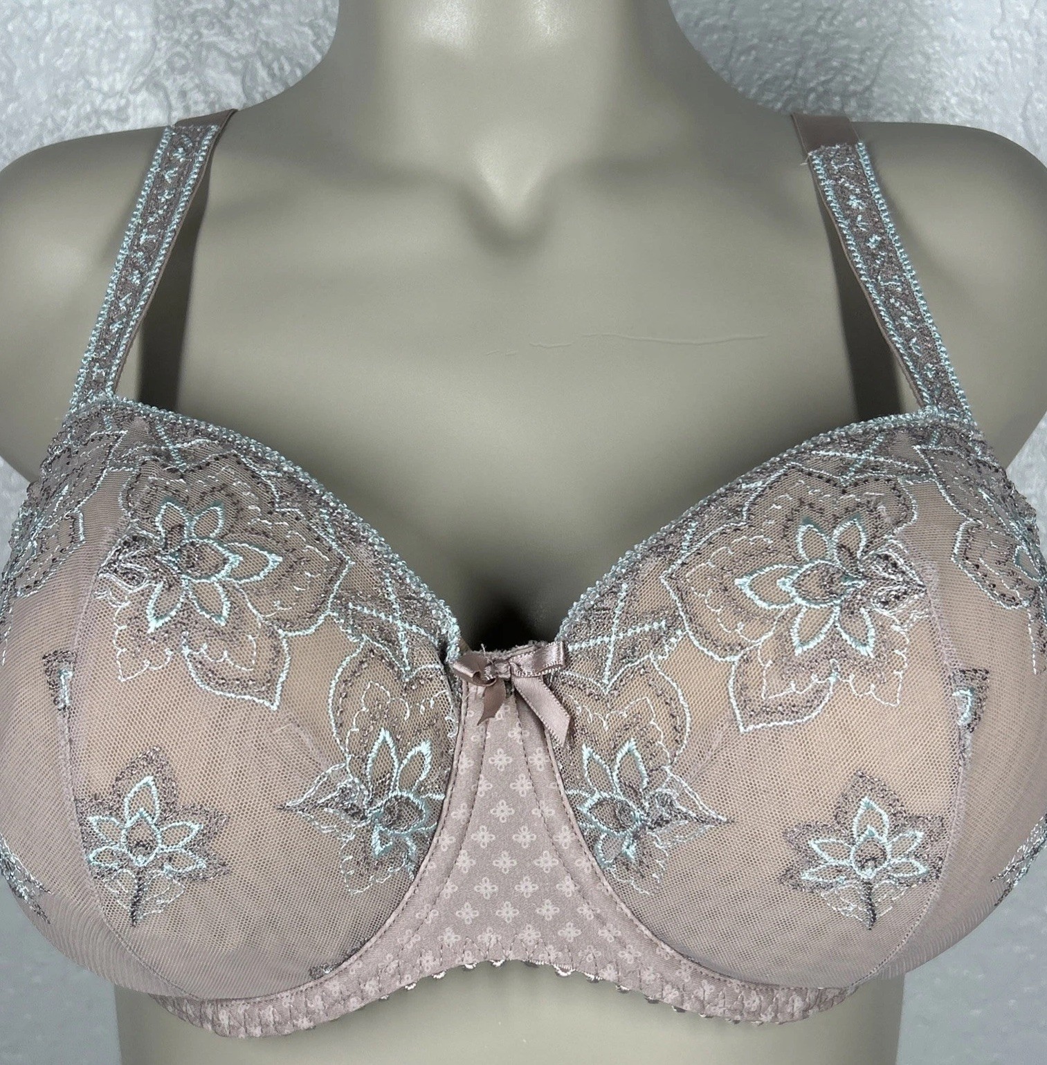 Prima Donna Lotus Side Support Wire Bra Unpadded UK 42D Lace Bows Green Beige