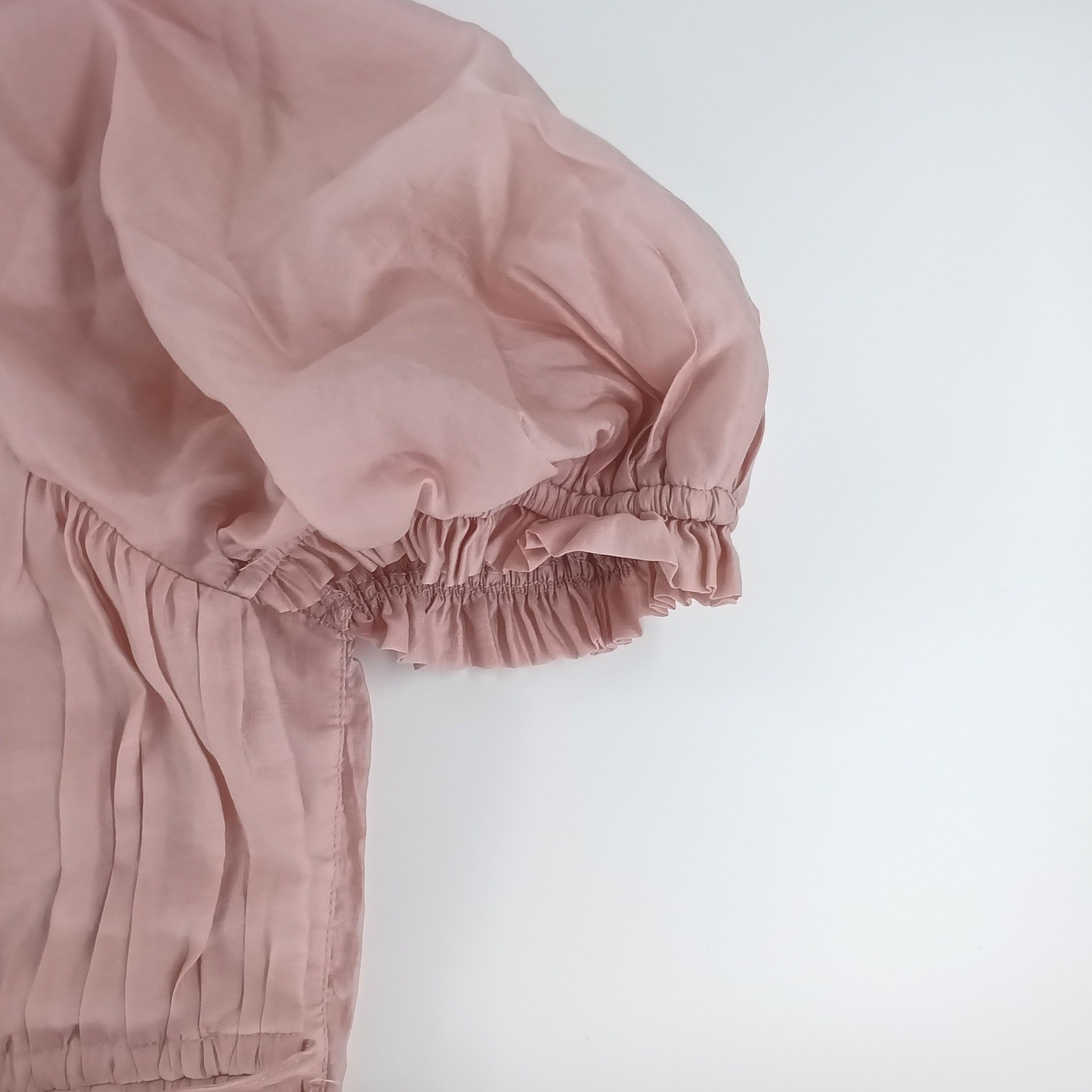 ANTONIO MELANI Ruched Puff Sleeve Peplum Top Dusty Rose Pink Blouse