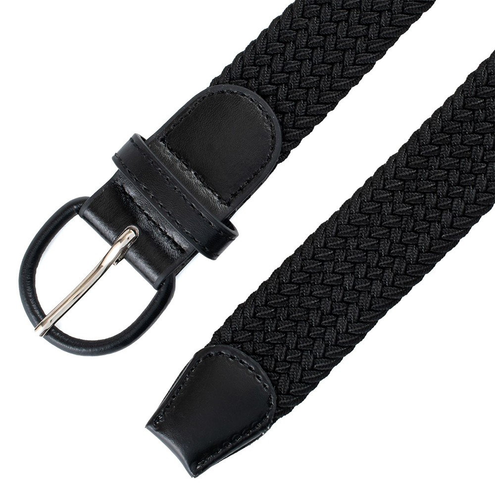 Black Leather Stretch Belt Covered Buckle Woven Elastic Belt 7001 1-1/4″ Wide