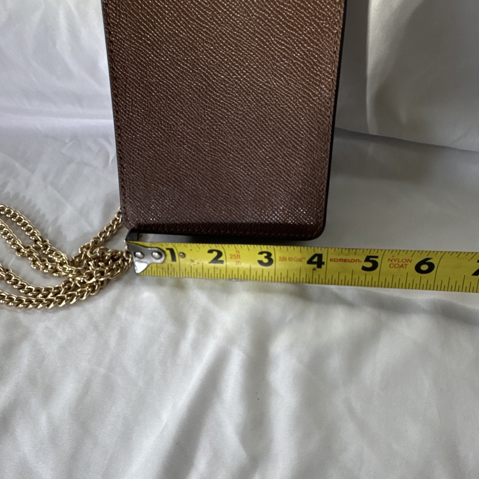 Coach Brown Crossbody Phone Bag, Snap Closure, Gold Chain Strap, Logo Accent