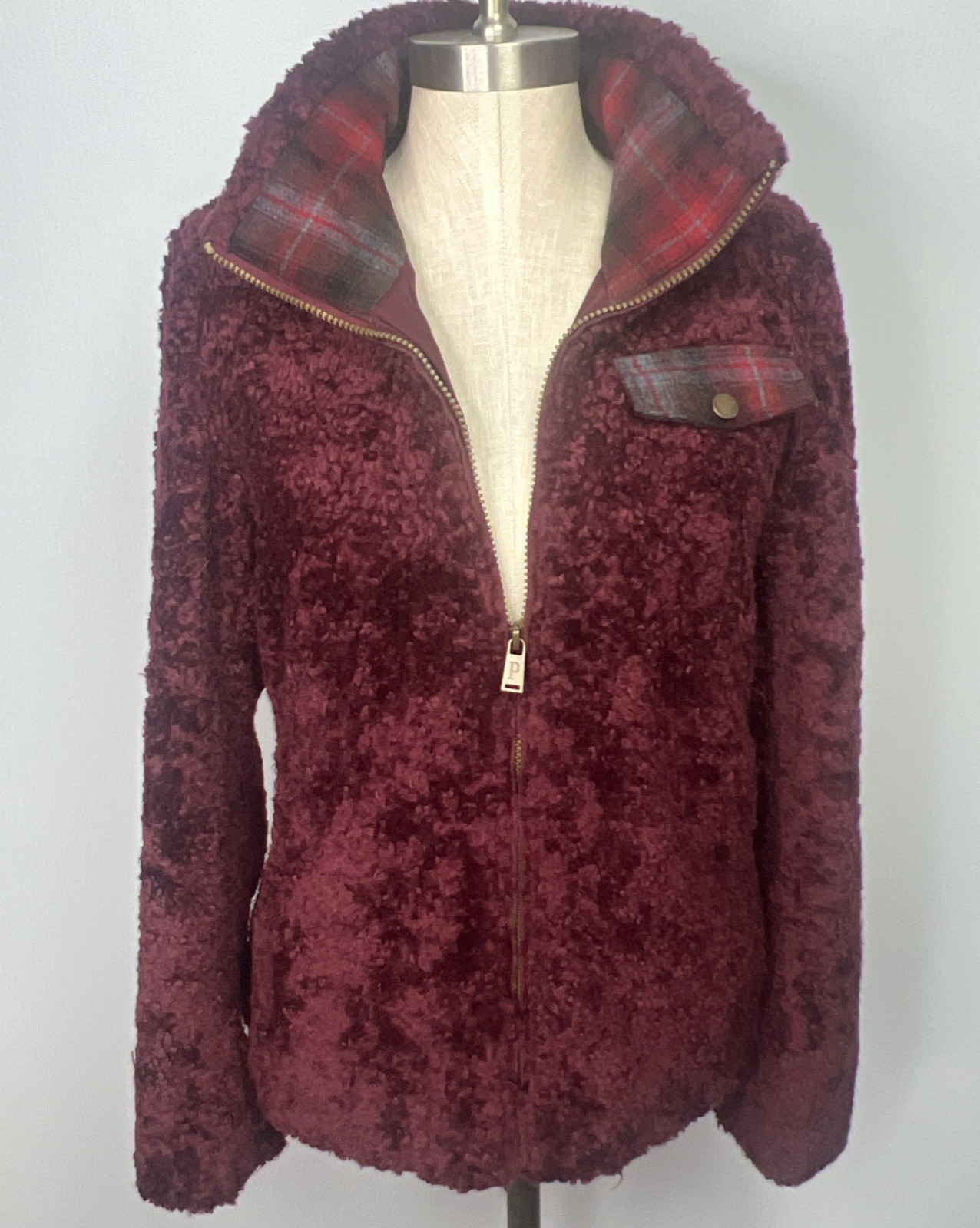 Pendleton Women’s Sherpa Fleece Jacket Small Burgundy Wool Plaid Full Zip Cozy