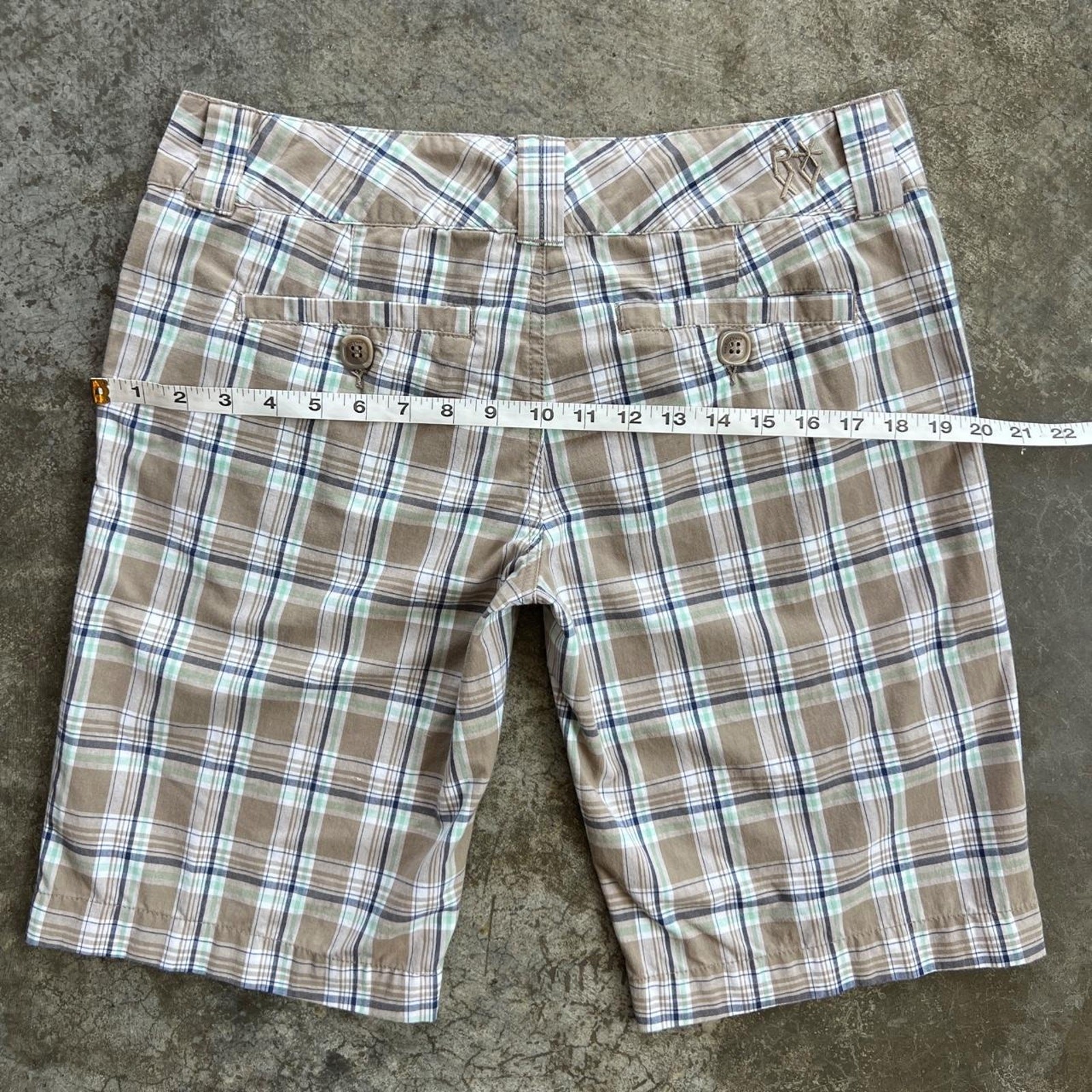 Roxy Y2K Plaid Bermuda Shorts Women Size 11 Brown Mint Green Long Skater Surf