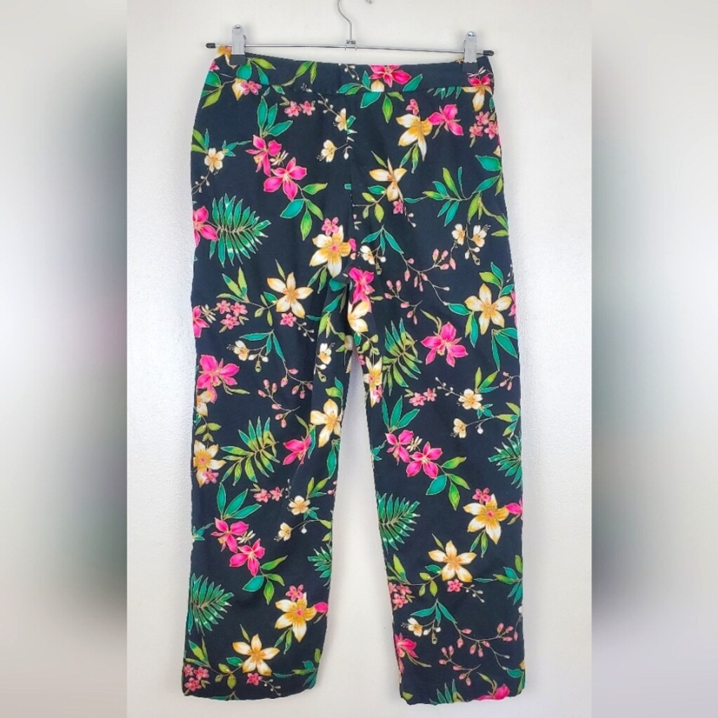 Rafaella Black Floral Print Pants | Size 10 / Straight Leg | Bright Bold